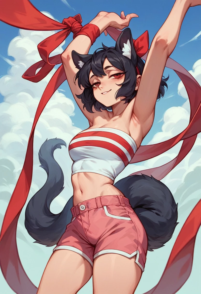 white tube top, pink short pants, black hair in double tail, Red loop, narrowed eyes, red students, resort area, plein-air, blue sky She has a highlighted athlete's ass