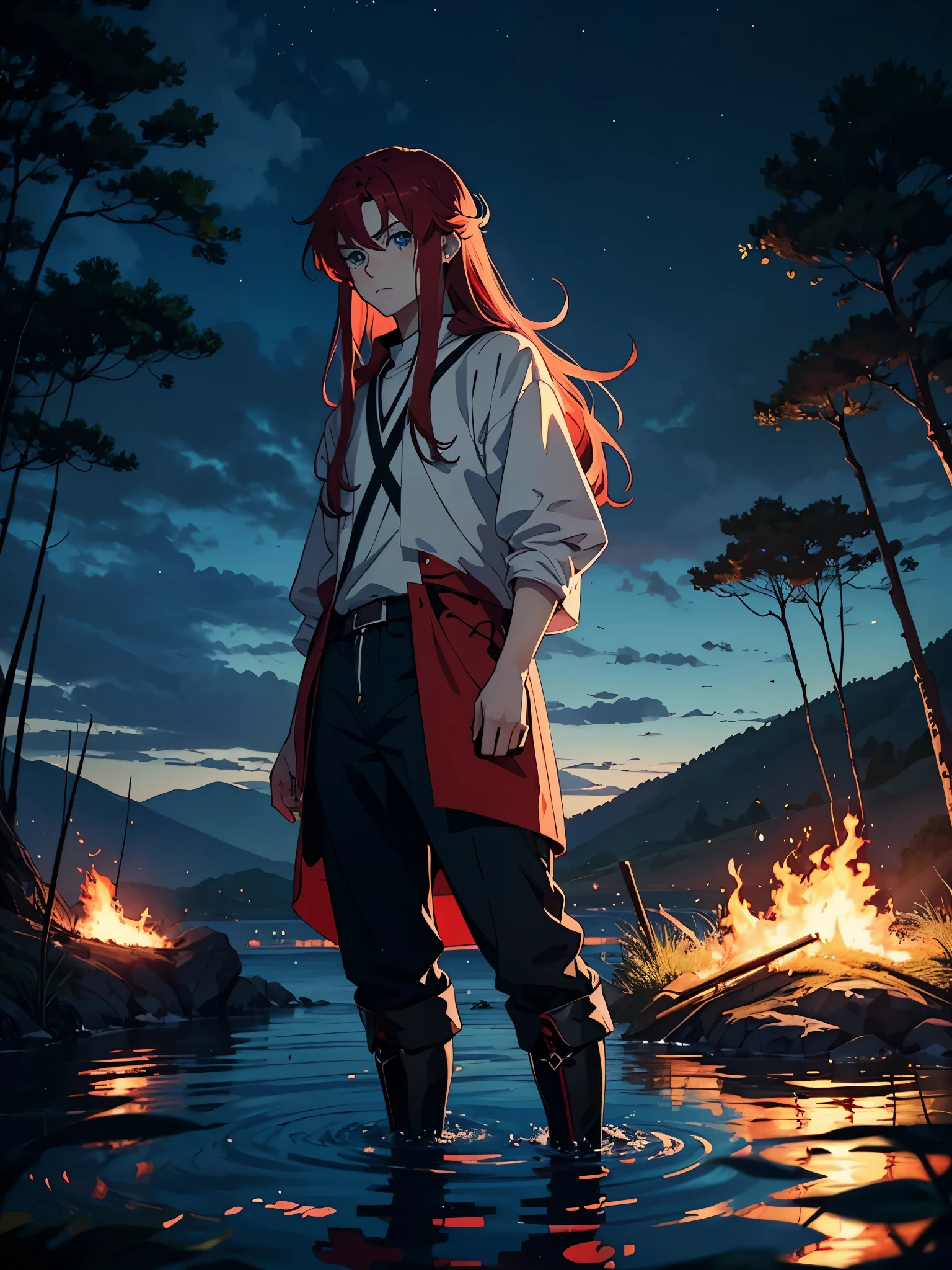 soft. More anime. Standing in a lake. More anime. More 2D. Clean. More anime. 2d. Glow. Red hair. More anime. male. Long hair. long red hair. boy, vikings. red hair. Blue eyes. fire. 