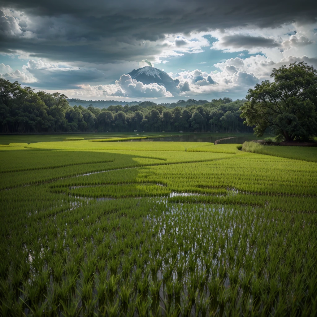a rice field under the rain,(afternoon),rain falling on lush green grass,dramatic cloudy sky,serene and peaceful atmosphere,vibrant colors,realistic and detailed,cinematic lighting,beautiful landscape,photorealistic,8k,highres,masterpiece:1.2,ultra-detailed,realistic,photo-realistic:1.37,studio lighting,extreme detail description,vivid colors
