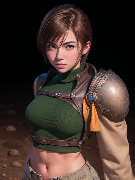 (work of art, best qualityer:1.4), (future days), (fighting:1.5), (whole body), (facing the front), (1 girl), standing alone, (European youth:1), 1 girl, shorth hair, navel band, sleeveless, high collar, eyes browns, sleeveless high collar, standing alone, breastsout, looking ahead at viewer, sorriso sexy, mitts, top cut, chestnut hair, Shorts, tummy, armors, sweater, open fly, fingerless mitts, ribbed sweater, medium breastsout, yufi_kisaragi_01, girlhyperrealisitic, highly detailed skin, dslr, soft lighting, high qualiy, high-detailed face, highly detailed skin, skin pore, underground dispersal, realisitic pupils, Medium chest, full-face blush, fleshy lips, detailed back ground, Depth of field, volumetric lighting, sharp focus, absurderes, realisitic proportions, good anatomy, (realisitic, hyperrealisitic:1.4), 16k hdr,