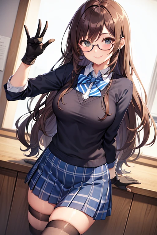 Female, wearing sexy gloves. Wearing glasses. Long brown curly hair. Smiling. Looking on the viewer. Blinking. Wearing office shirt. Wearing striped blue knee socks. Wearing blue skirt. Waving.