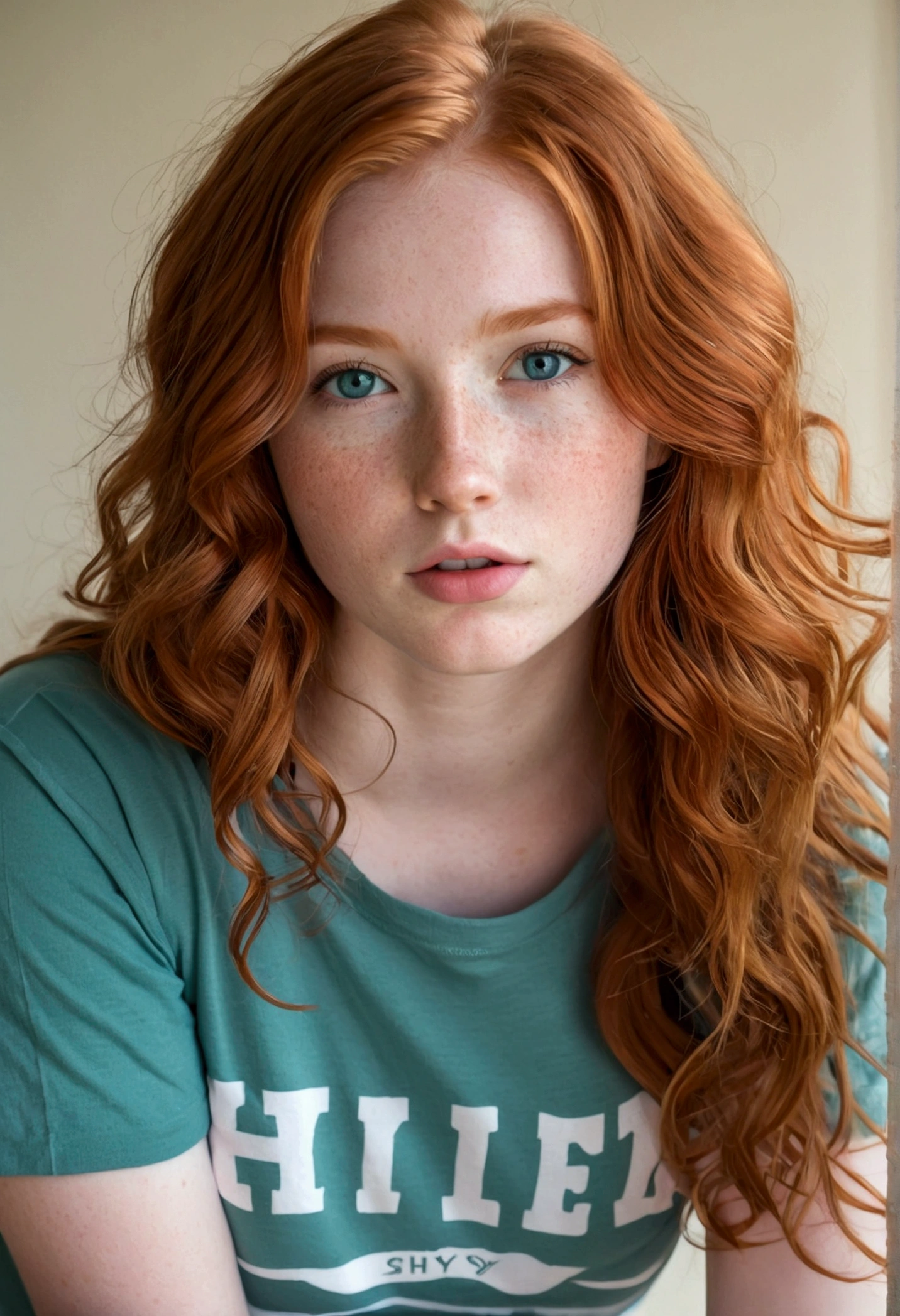Half body photo of a cute 20 year old pretty redhead girl, redhead, long wavy hair, or looks at the camera , full face (you look shy:1.3), freckles, detailed face, detailed skin, (tshirt without panties), beautiful body, Big teal eyes, sensual lips, Suggestive pose, looking down, covering her crouch with hands naked open lags