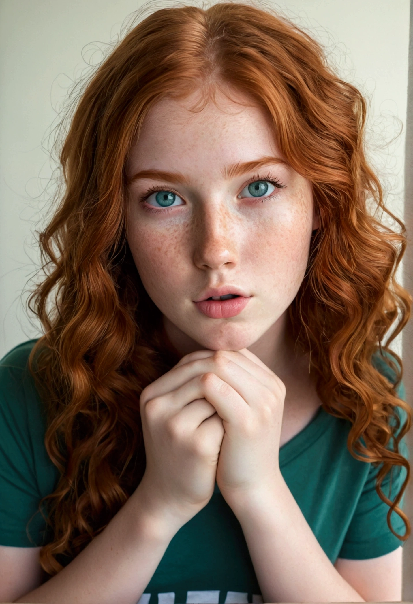 Half body photo of a cute 20 year old pretty redhead girl, redhead, long wavy hair, or looks at the camera , full face (you look shy:1.3), freckles, detailed face, detailed skin, (tshirt without panties), beautiful body, Big teal eyes, sensual lips, Suggestive pose, looking down, covering her crouch with hands naked open lags