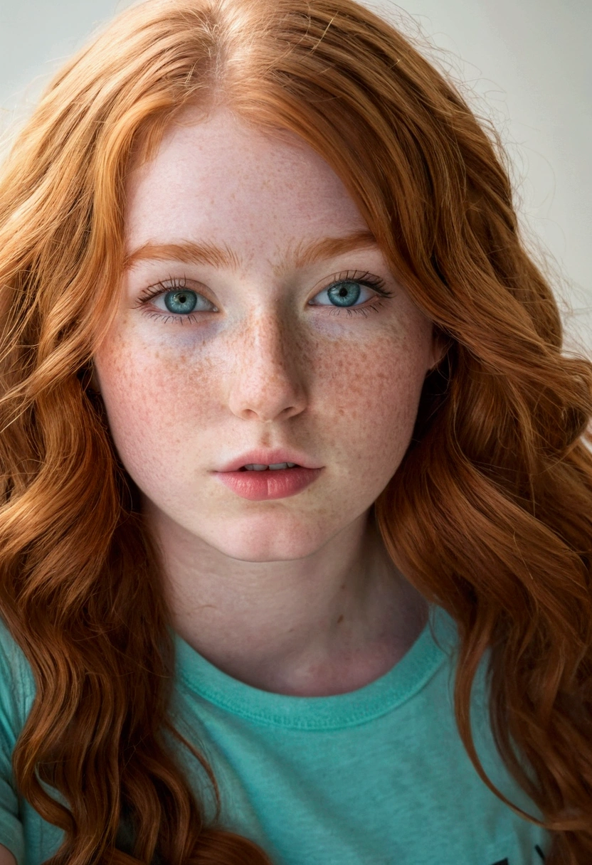 Half body photo of a cute 20 year old pretty redhead girl, redhead, long wavy hair, or looks at the camera , full face (you look shy:1.3), freckles, detailed face, detailed skin, (tshirt without panties), beautiful body, Big teal eyes, sensual lips, Suggestive pose, looking down, covering her crouch with hands naked open lags