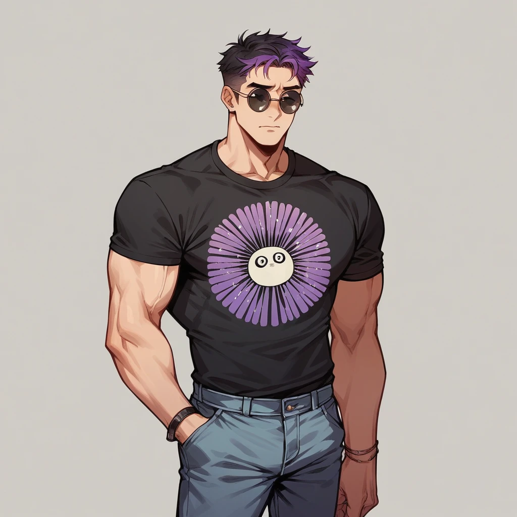 アニメ, best qualityer, white male, Scrawny, purple gradient hair,black shirt and pants with play boy print, round sunglasses, with a pistol 