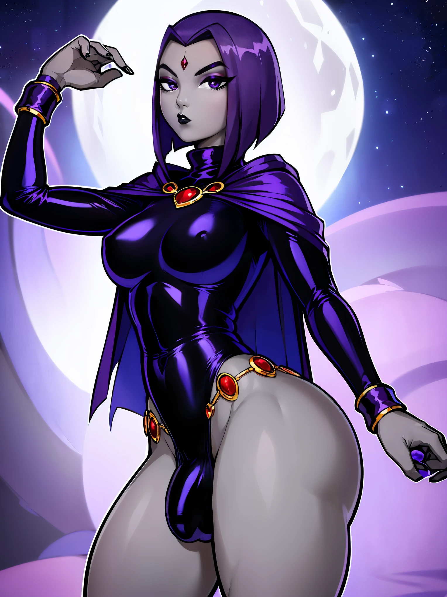 (solo:1.1),(masterpiece), (best quality:1.3), ultra detailed, intricate, (nice hands:1.4), professional art, digital art, absurdres, shadraven, (Full body view:1.1), 1girl, solo, (grey skin:1.4), dark purple hair, bob hair, purple eyes, hips wider than shoulders, pear shaped body, jewellery, detailed thighs, thick thighs, red jewel in forehead, jewels, (long sleeved turtleneck leotard:1.3), cuffs, small breasts, (shadraven cloak), (Shadraven broach:1.2), Shadraven jewel belt, Shadraven wearing a long sleeved leotard outside at night, long legs, ( long crotch bulge:1.4), large penis, large testicles, side view, looking at viewer, bubble butt , gluteal crease, universal lighting,,
