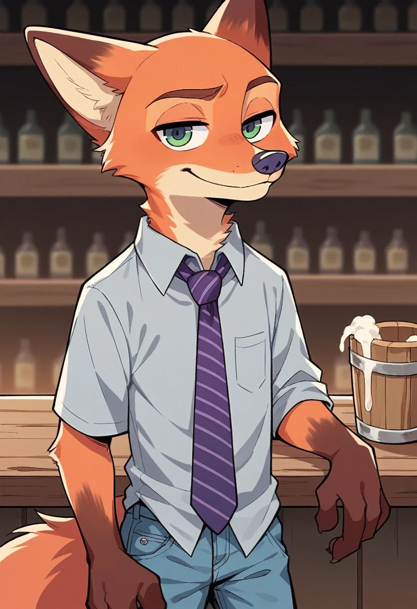 (by Wildering, By Oaks16, By Kenno Arkan), Young Solo (Nick Wilde) Grey shirt, jeans, purple striped necktie, look at viewer, (vertical half length), blue eyes, Put your hand on your forehead., Lean forward on the bar., It's over., three quarter view, Take a break, colorful city scenery, abstract city scenery, plant, water, nighttime, Masterpiece, best quality, light, 4K, 2ก, photography, photorealistic, analog style, realistic, Optical Realism
