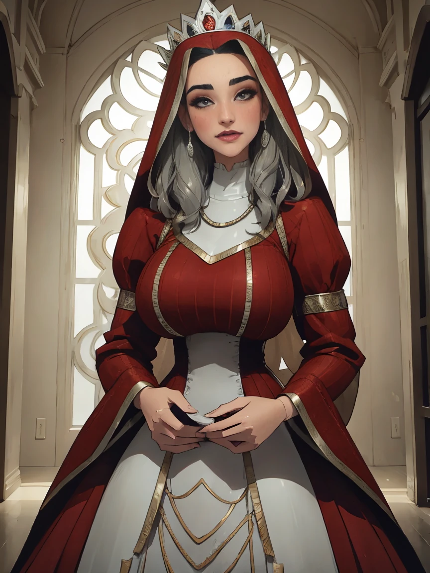 Beautiful and regal, imperious and aloof, busty athletic (thin) brunette queen with sharp facial features wearing a modest updo, dark red medieval dress, long sleeves, intricate patterns, scrollwork, wide neck, crown, veil, long dress, modest dress, tight bodice, (silver waist chain), medieval jewelry, Middle Ages, castle, rampart, wall, stained glass