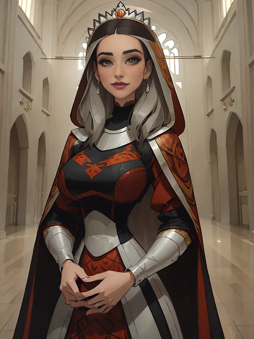 Beautiful and regal, imperious and aloof, busty athletic (thin) brunette queen with sharp facial features wearing a modest updo, dark red medieval dress, long sleeves, intricate patterns, scrollwork, wide neck, crown, veil, long dress, modest dress, tight bodice, (silver waist chain), medieval jewelry, Middle Ages, castle, rampart, wall, stained glass