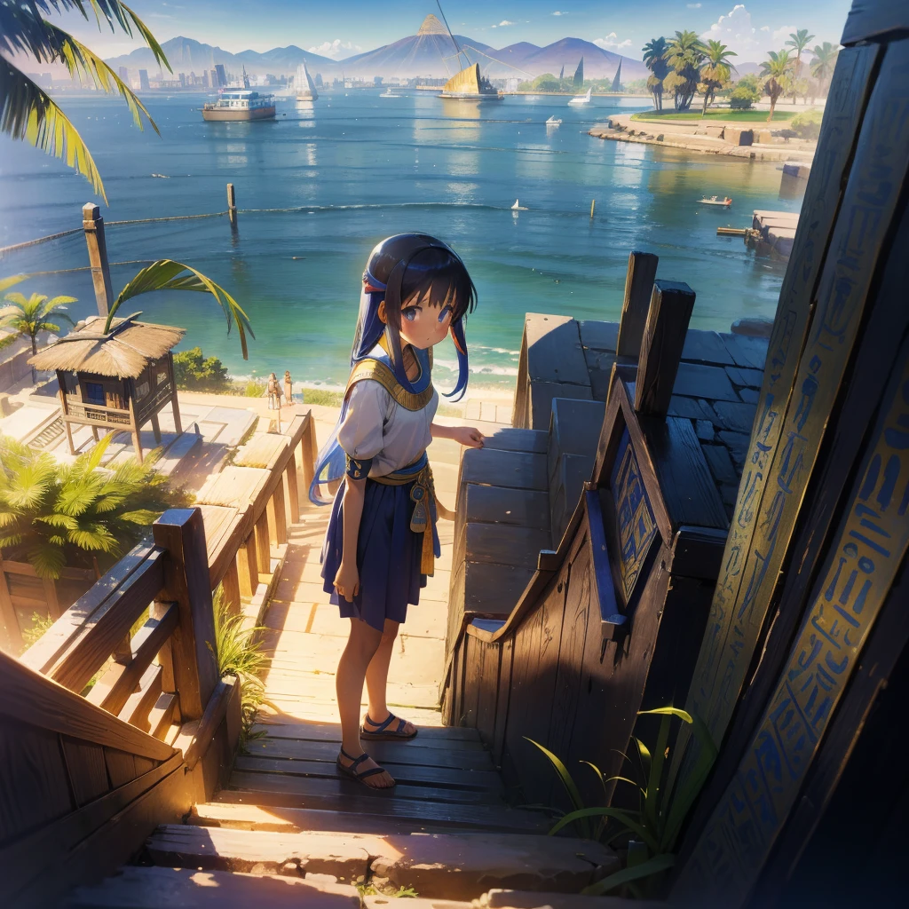 かわいいAncient Egyptの15歳の女の子、Ancient Egypt、View of the Nile、A colorful view of the whole、whole body、Low - Angle、Standing posture、Reeds are growing、Ancient Egyptの船、Ancient Egyptの風景