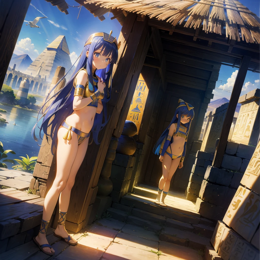 かわいいAncient Egyptの15歳の女の子、Ancient Egypt、View of the Nile、A colorful view of the whole、whole body、Low - Angle、Standing posture、Reeds are growing、Ancient Egyptの船、Ancient Egyptの風景