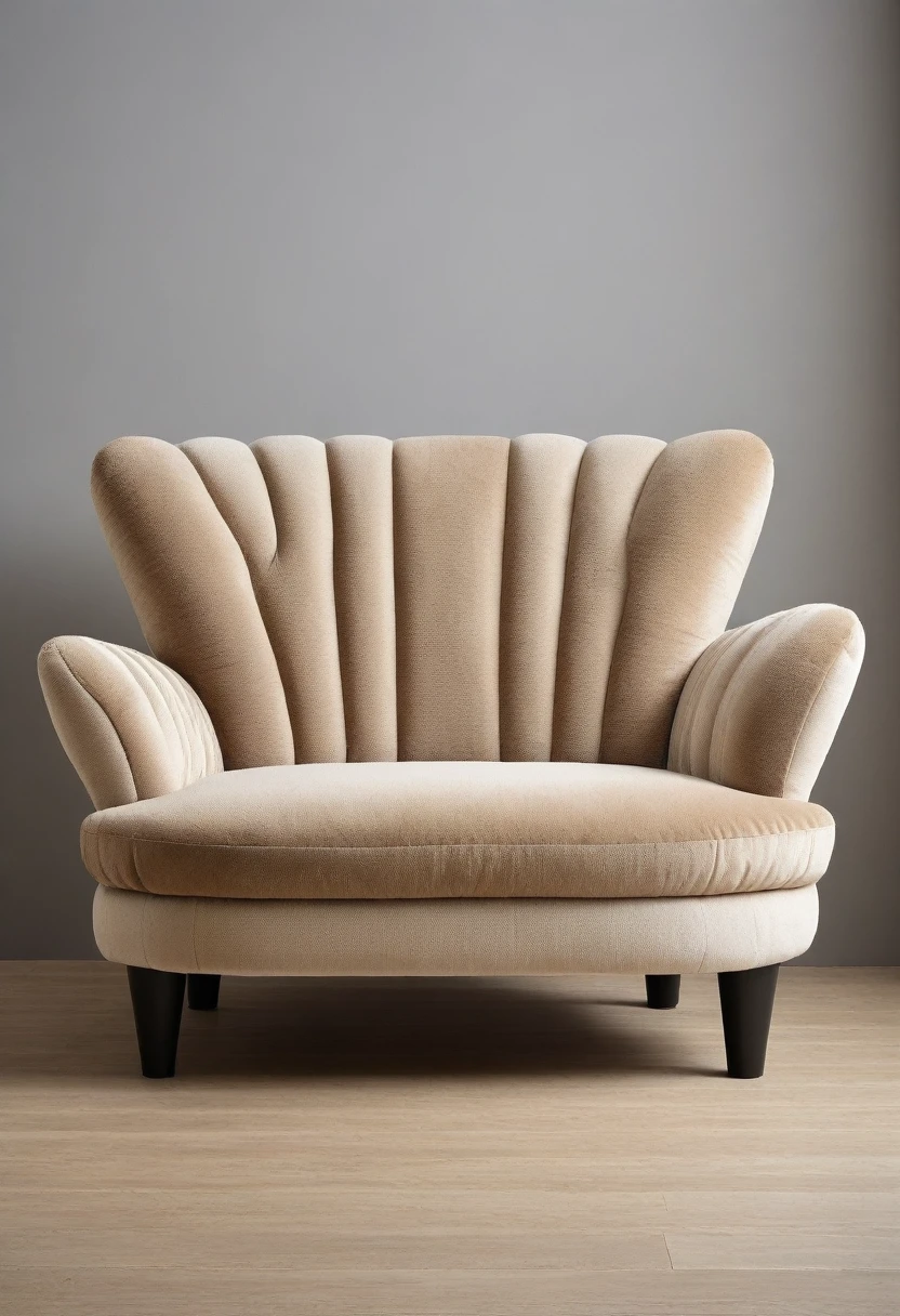 A sofa in the shape of a tabby cat. The sofa has a sleek and elegant design, with the backrest and armrests forming the contours of the cat's body. The cat's head is at one end, with detailed features like whiskers and pointed ears. The fabric is soft and plush, with a striped pattern in shades of brown, beige, and black, mimicking the fur of a tabby cat. The sofa legs are discreet and designed to look like cat paws. The overall aesthetic is both whimsical and stylish, perfect for a modern living room.