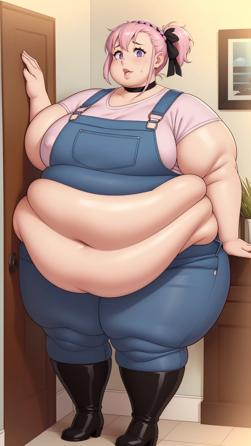(Looking at viewer:1.2), (black pupils)Mouth open, parted lips, mouth wide open, sticking out tongue, exposed belly, slutty(Pale skin:1.0)Up close, Holding belly, hands on belly, outgrown clothes,Pale skin,fat, farm backround, upper body, looking at viewer, 1girl, solo, short pink hair, (dark blue choker), (dark blue denim overalls), (purple eyes), (pink boots), (white shoulder lantern sleeve blouse, tucked in pants, Round face, double chin, fat chin, fat cheeks, fat neck, round face, SSBBW, flabby arms, round face, double chin, fat double chin, big double chin, fat neck, chubby cheeks, fat thighs, fat calves, morbidly obese, flabby , giant , large belly, obese, fat face, belly, double chin, obesity, flabby breasts, fat arms and legs, fat everything,
