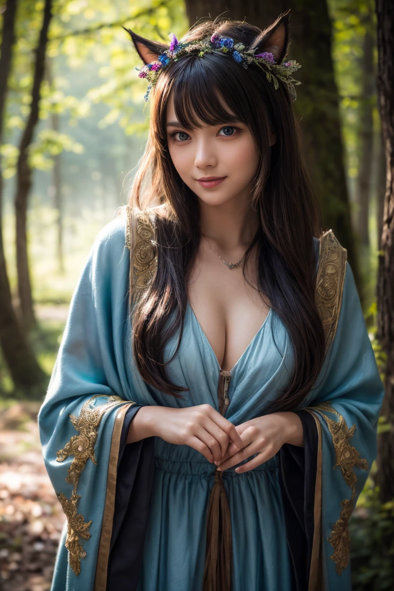 ((masterpiece)), ((best quality)), (ultra-detailed), ((kawaii)), cute, (lovely), ((extremely detailed)), 4K, (8K), best quality, (beautiful), photorealistic, leaning forward, ancient, a cute girl, solo, (sorceress), mystical forest, long flowing robes, glowing staff, beautiful blue eyes, wisdom, power, nature, magic, serene, aura, smile, moody lighting, natural light, soft shadows,