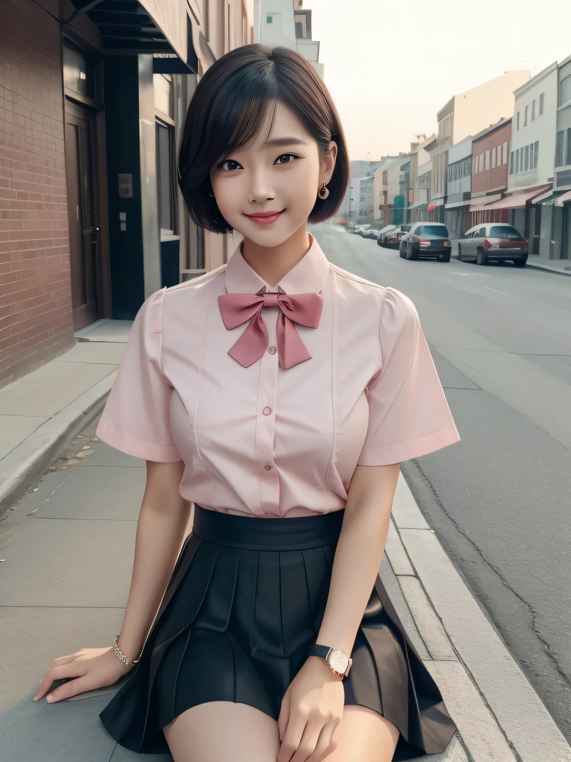A woman with a purse is on the street, Short Bob Cut、Earrings、Ulzzang, (8k, RAW Photos, Highest quality, masterpiece: 1.2), (Realistic, photo-Realistic: 1.37), Very detailed, 1 girl, cute, alone, Beautifully detailed skies, Detailed Coffee, Pink wall、Sitting, Date, (My nose turned red), (smile: 1.1), (Mouth closed), Medium chest, Beautiful attention to detail, (Collared short-sleeved shirt: 1.1), sexy、bow tie, Pleated skirt,((Symmetrical eyes))、sexy、