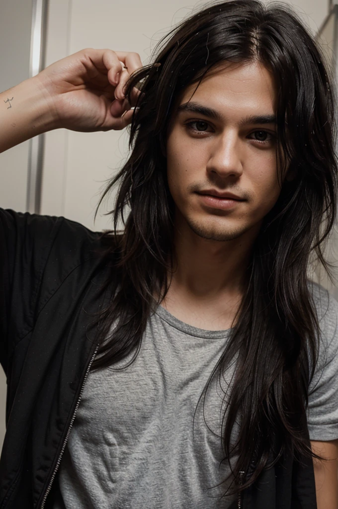 photo realistic, charming young man with black messy hair, attractive