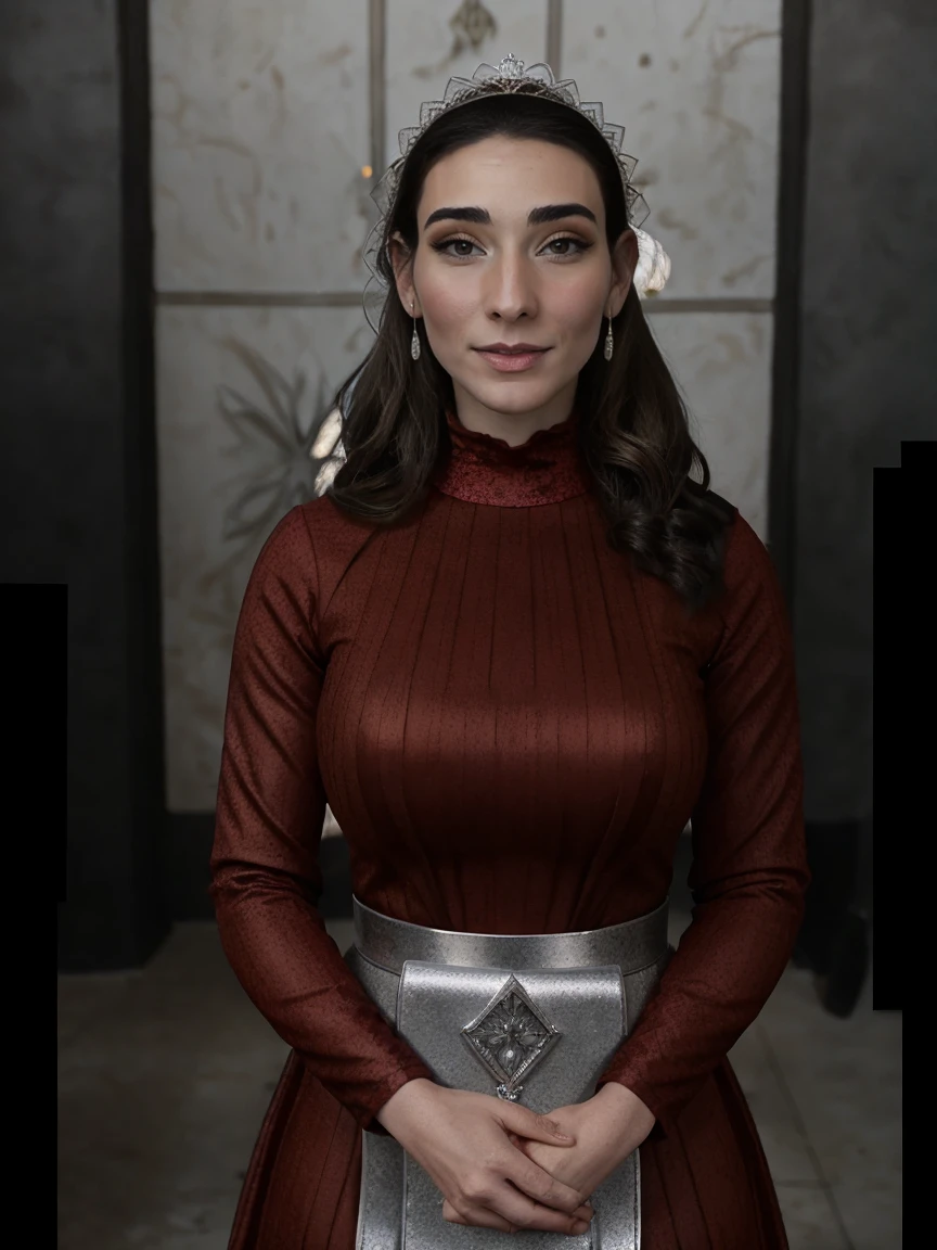 Beautiful and regal, imperious and aloof, busty athletic (thin) brunette queen with sharp facial features wearing a modest updo, dark red medieval dress, long sleeves, wide neck, crown, veil, long dress, modest dress, tight bodice, (silver waist chain), medieval jewelry, Middle Ages, castle, rampart, wall, stained glass