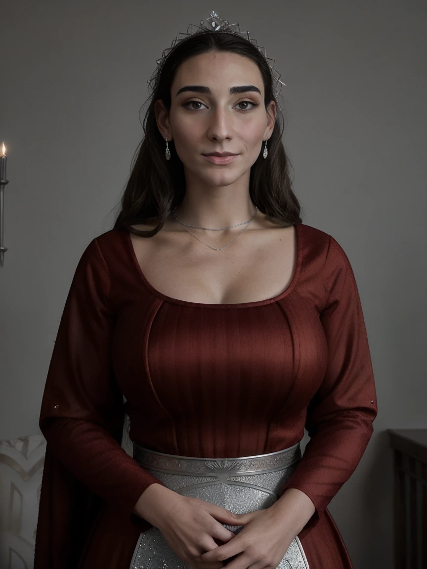 Beautiful and regal, imperious and aloof, busty athletic (thin) brunette queen with sharp facial features wearing a modest updo, dark red medieval dress, long sleeves, wide neck, crown, veil, long dress, modest dress, tight bodice, (silver waist chain), medieval jewelry, Middle Ages, castle, rampart, wall, stained glass