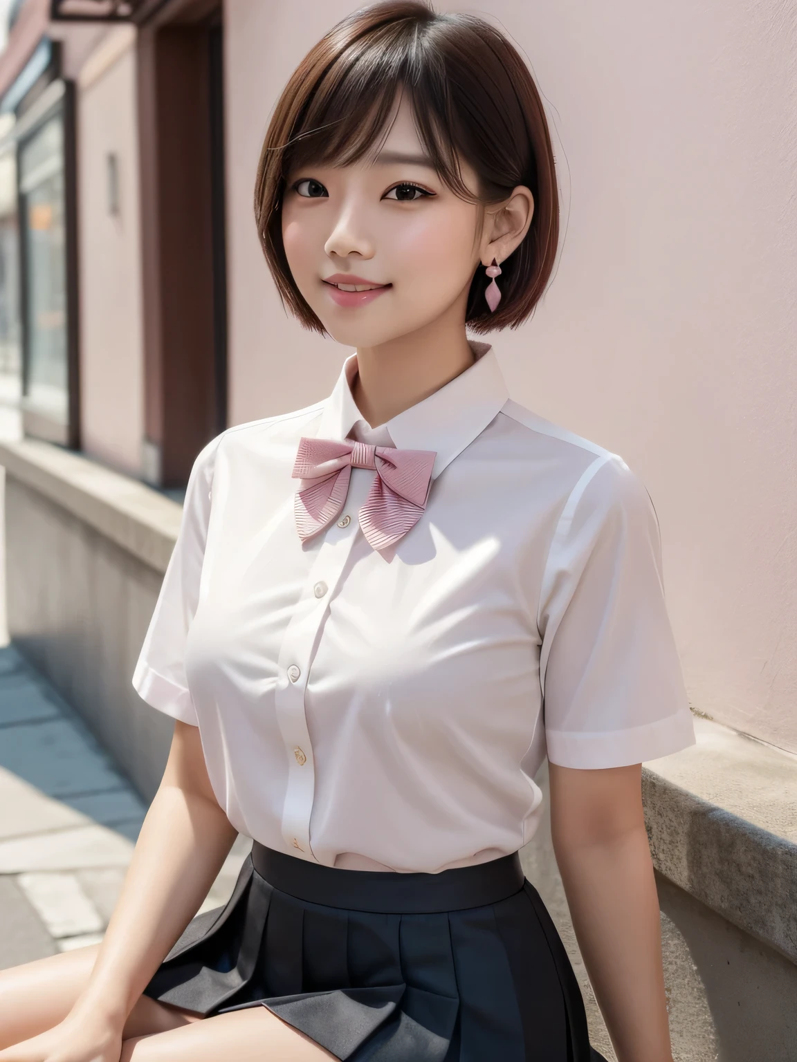 A woman with a purse is on the street, Short Bob Cut、Earrings、Ulzzang, (8k, RAW Photos, Highest quality, masterpiece: 1.2), (Realistic, photo-Realistic: 1.37), Very detailed, 1 girl, cute, alone, Beautifully detailed skies, Detailed Coffee, Pink wall、Sitting, Date, (My nose turned red), (smile: 1.1), (Mouth closed), Medium chest, Beautiful attention to detail, (Collared short-sleeved shirt: 1.1), sexy、bow tie, Pleated skirt,((Symmetrical eyes))、sexy、