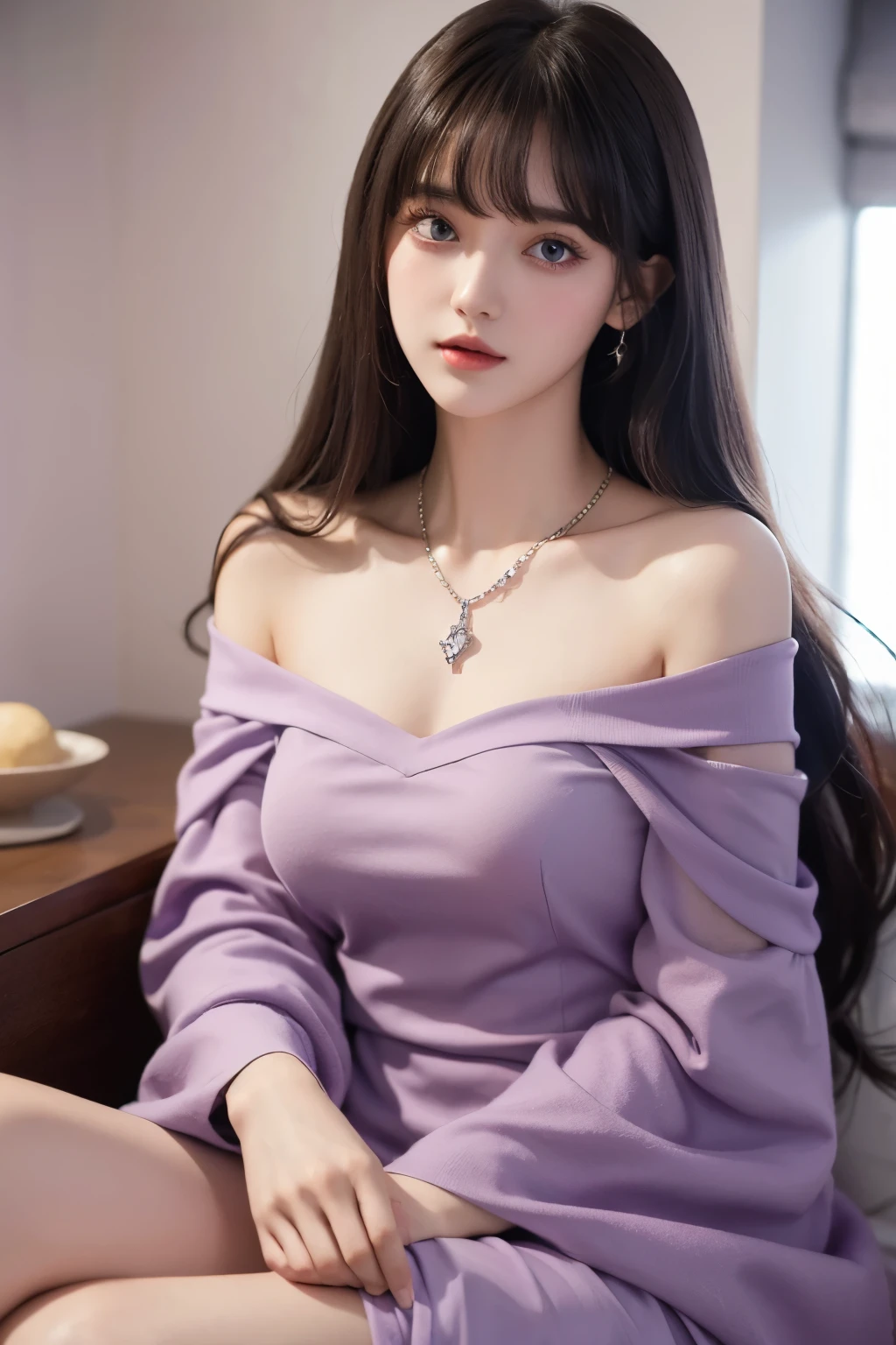 Off-shoulder dress, best quality, high resolution, 1 girl, Super high resolution, Solitary, stocking, Purple Eyes, , Long hair, Bangs,necklace