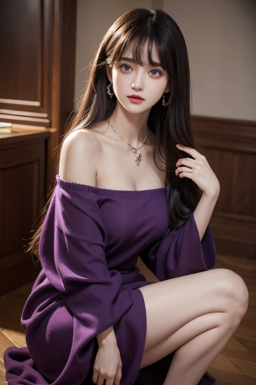 Off-shoulder dress, best quality, high resolution, 1 girl, Super high resolution, Solitary, stocking, Purple Eyes, , Long hair, Bangs,necklace