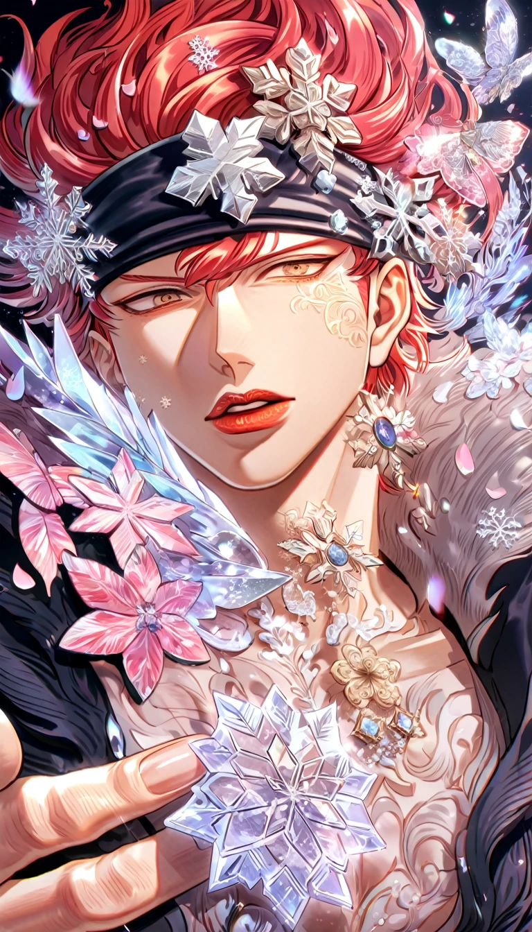 Ultra detailed, HDR, Highres, absurdres, master piece, Eustass ???, red hair, expressive brown eyes, red lips, black cape with fur, black shirt, One Piece, handsome, ice glittering butterflies, ice, petals, ice pink glass flowers, glittering, fantasy, magical, snowflakes, cold, solo, sexy man, black headband