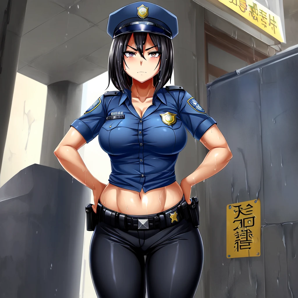 ((female anime police officer with perfect figure beautiful breasts and hips, she is wearing black trousers and a police blue shirt which is completely wet and her bare chest is visible, she frowns with anger and covers her chest)), ((in detail down to the smallest detail, Best quality))