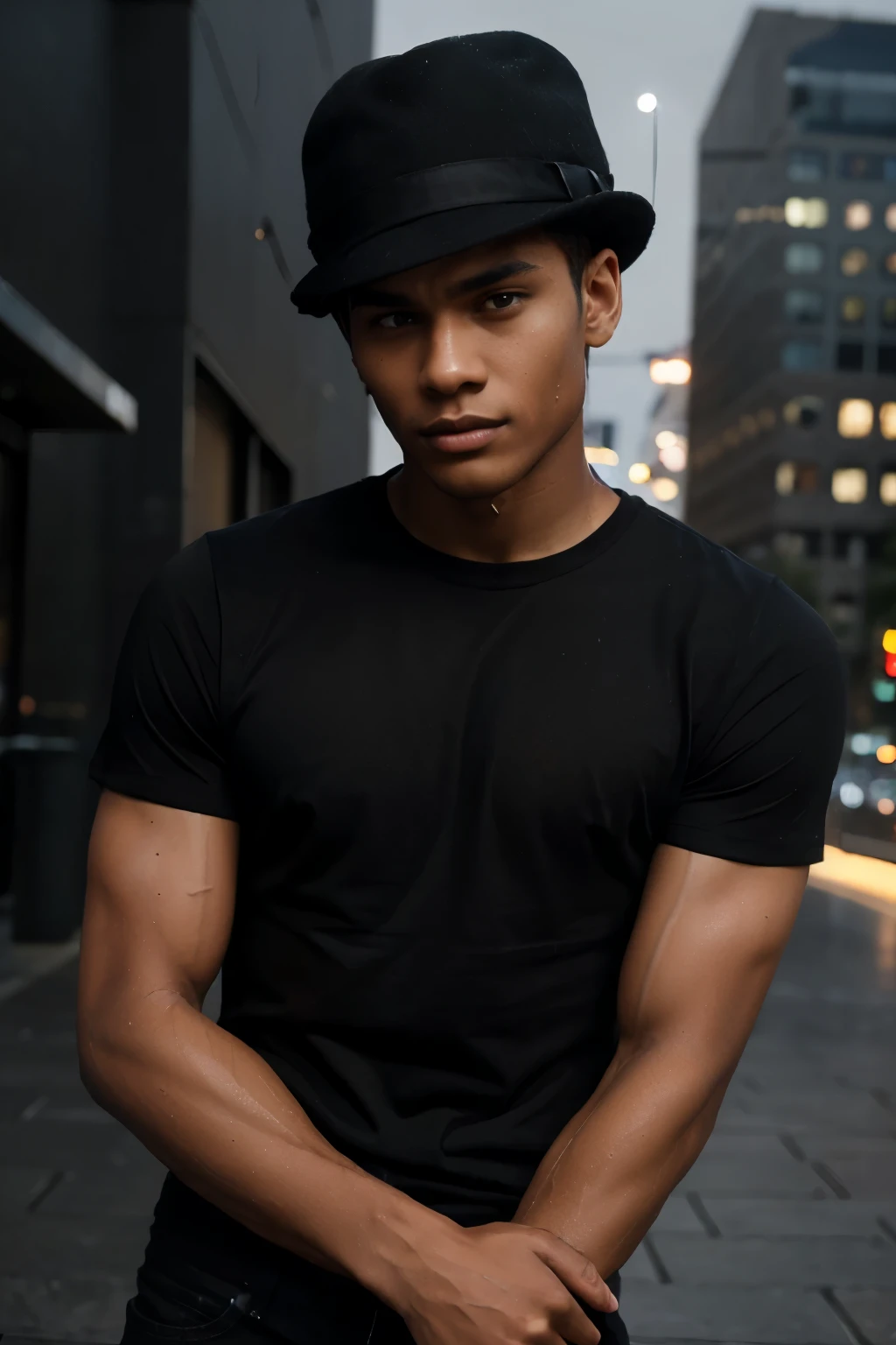 19 years old man. A skinny man (mid). Sharp jawline. Black t-shirt. Mid tone skin not brown skin. Black hat. flat and dramatic face not smile. And the background of the city is silent night and wet.