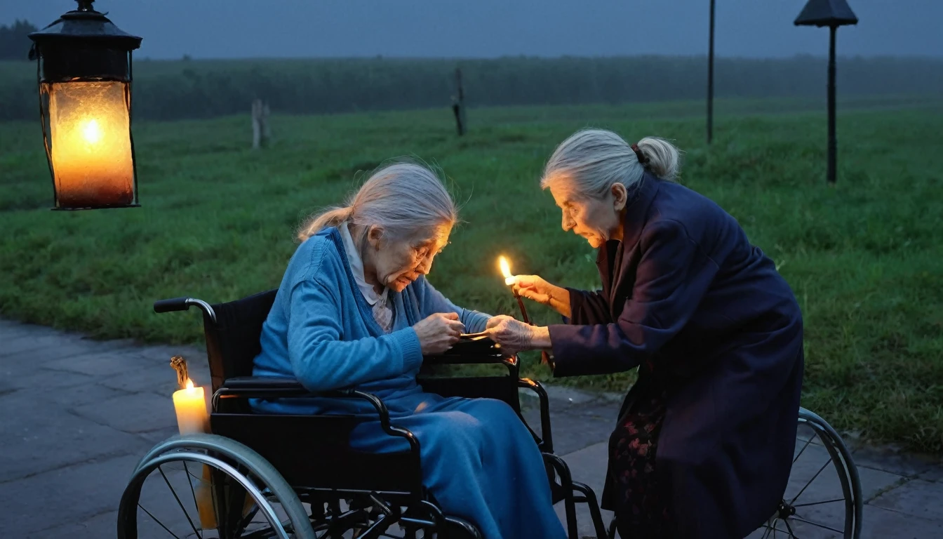 Daughter helping ugly old woman in wheelchair, dark weather, little candlelight