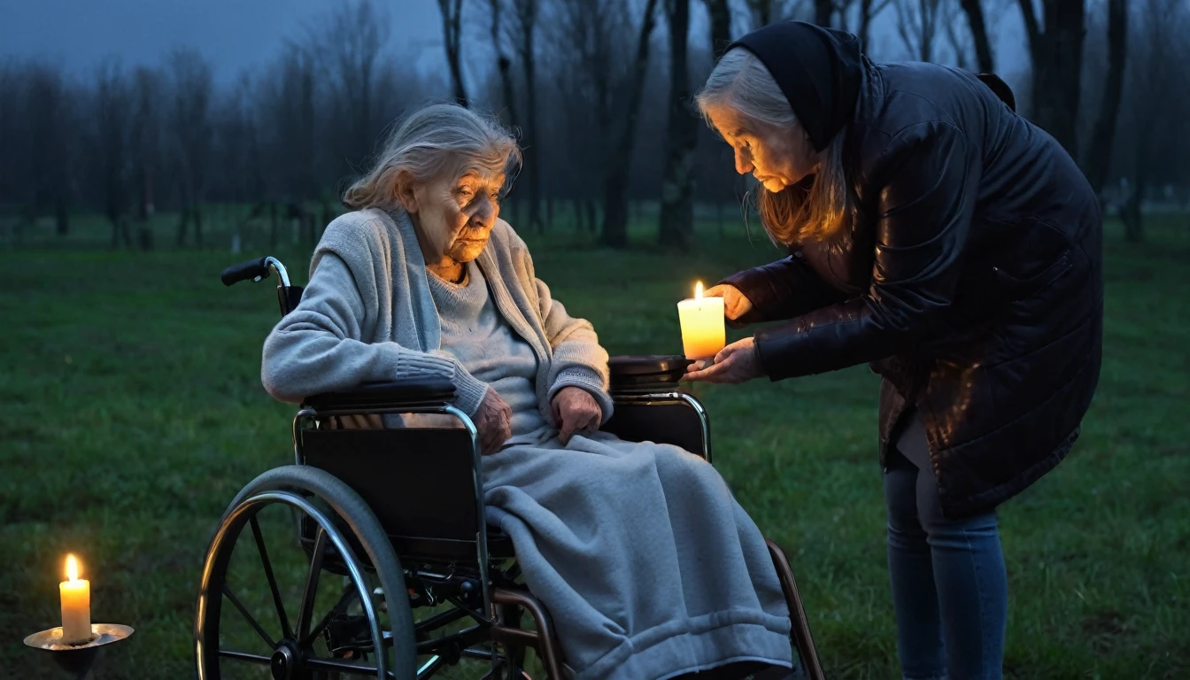 Daughter helping ugly old woman in wheelchair, dark weather, little candlelight