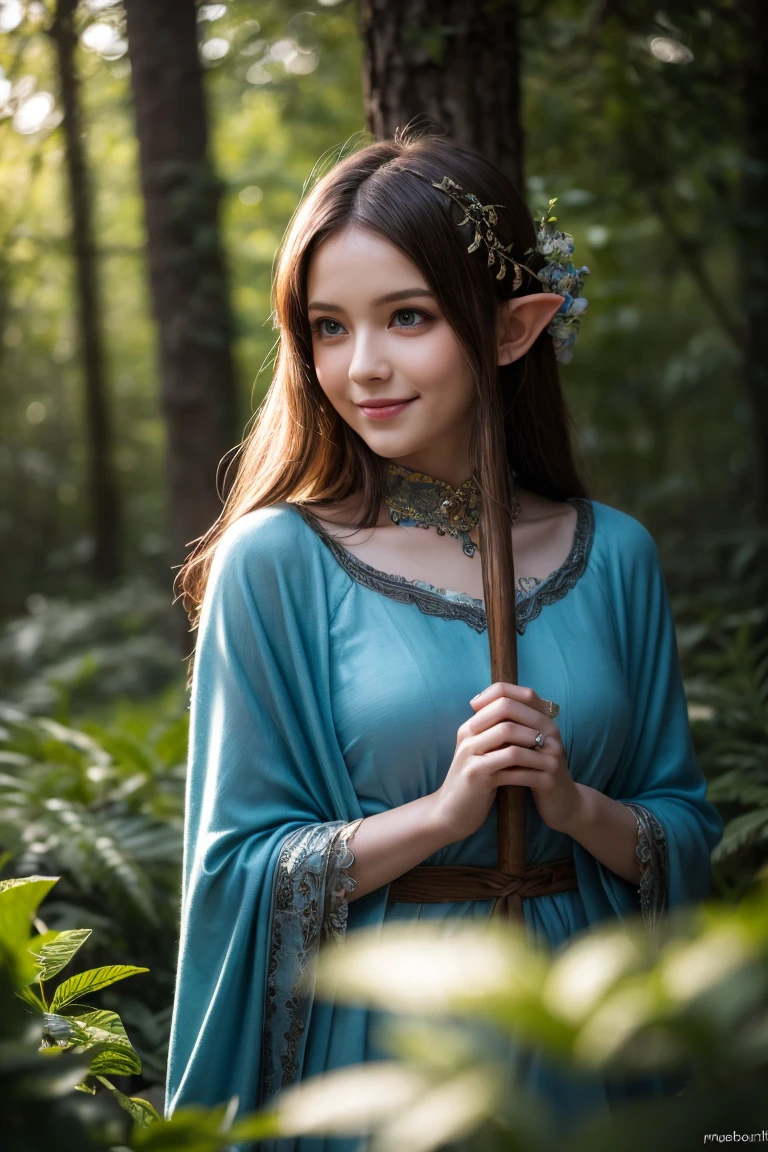((masterpiece)), ((best quality)), (ultra-detailed), ((kawaii)), cute, (lovely), ((extremely detailed)), 4K, (8K), best quality, (beautiful), photorealistic, (leaning forward), ancient, elf, a cute girl, solo, (sorceress), mystical forest, long flowing robes, glowing staff, beautiful blue eyes, wisdom, power, nature, magic, serene, aura, smile, moody lighting, natural light, soft shadows, 