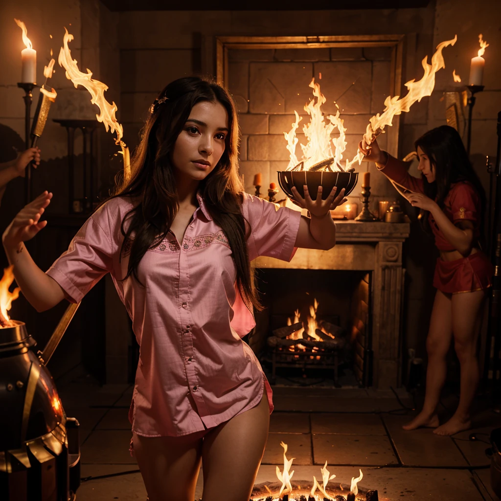 High Frequency: 1.8, Rich Detail, Masterpiece, 8K, Beautiful Priestess in Pink Shirt Standing in front of Fire, Dancing, Hands Waving Fan, Fan on Fire, Flames Surround Priestessess, Burning Battlefield Background,  