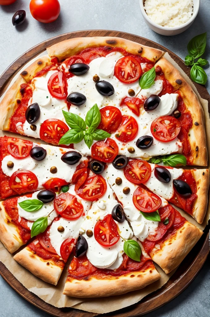 Pizza with mozzarella with tomatoes and olives