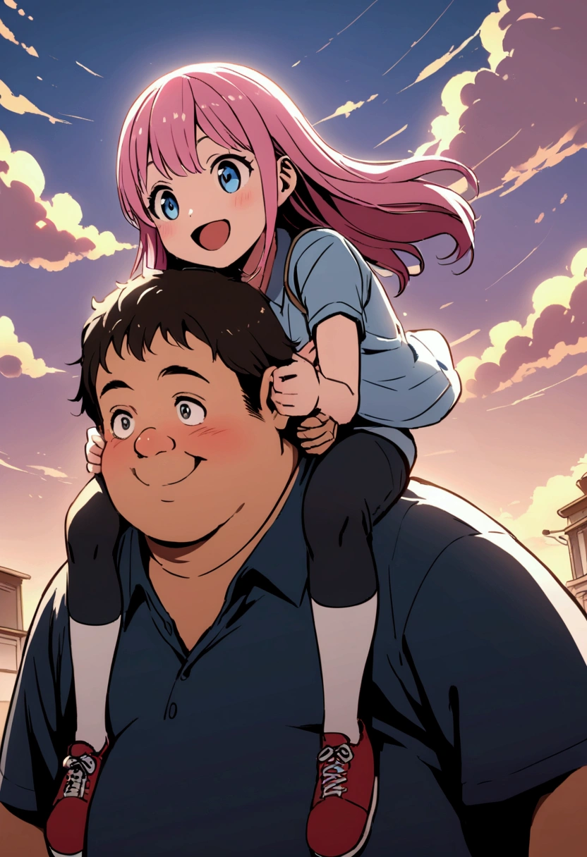 Piggyback ride、Fat middle-aged、Girl with pink hair、blue eyes、Twin Drill、smile、A scene from a movie