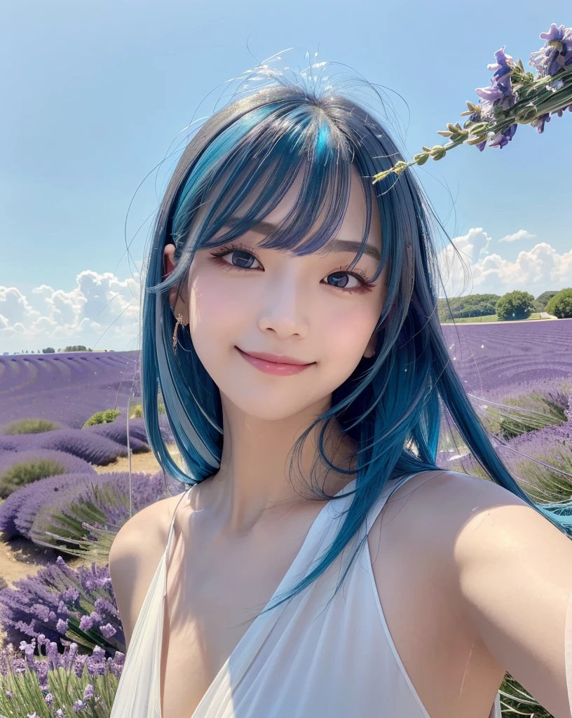 (Highest quality, 32K, High resolution, Masterpiece:1.5), marimo_jet, god々A photograph with brilliant dazzling and healing power., Evoking a sense of calm and elusive beauty, Expressing emotions, Have a rich imagination, Beautiful Japanese Girls, An exceptionally beautiful face, Small Face Beauty, , Perfect Human Anatomy, Magical big eyes, Motherhood and generosity, Deep Love, fleeting smile, (shiny blue hair:1.2), Super long hair swaying in the wind, Asymmetrical bangs, Hair between the eyes, Transparent, soft white skin, Sharp eyebrows, Thin lashes, ((Natural Makeup:1.3)), White dress, High resolutionの完璧な鎖骨, High resolutionの美しい胸元, Slim figure with ample breasts, High resolutionの美しい太もも, ((Distant Horizon:1.5)), ((Lavender fields stretching to the horizon:1.3)), Beautiful detailed blue sky, Professional photographer, Professional Lighting, Professional models
