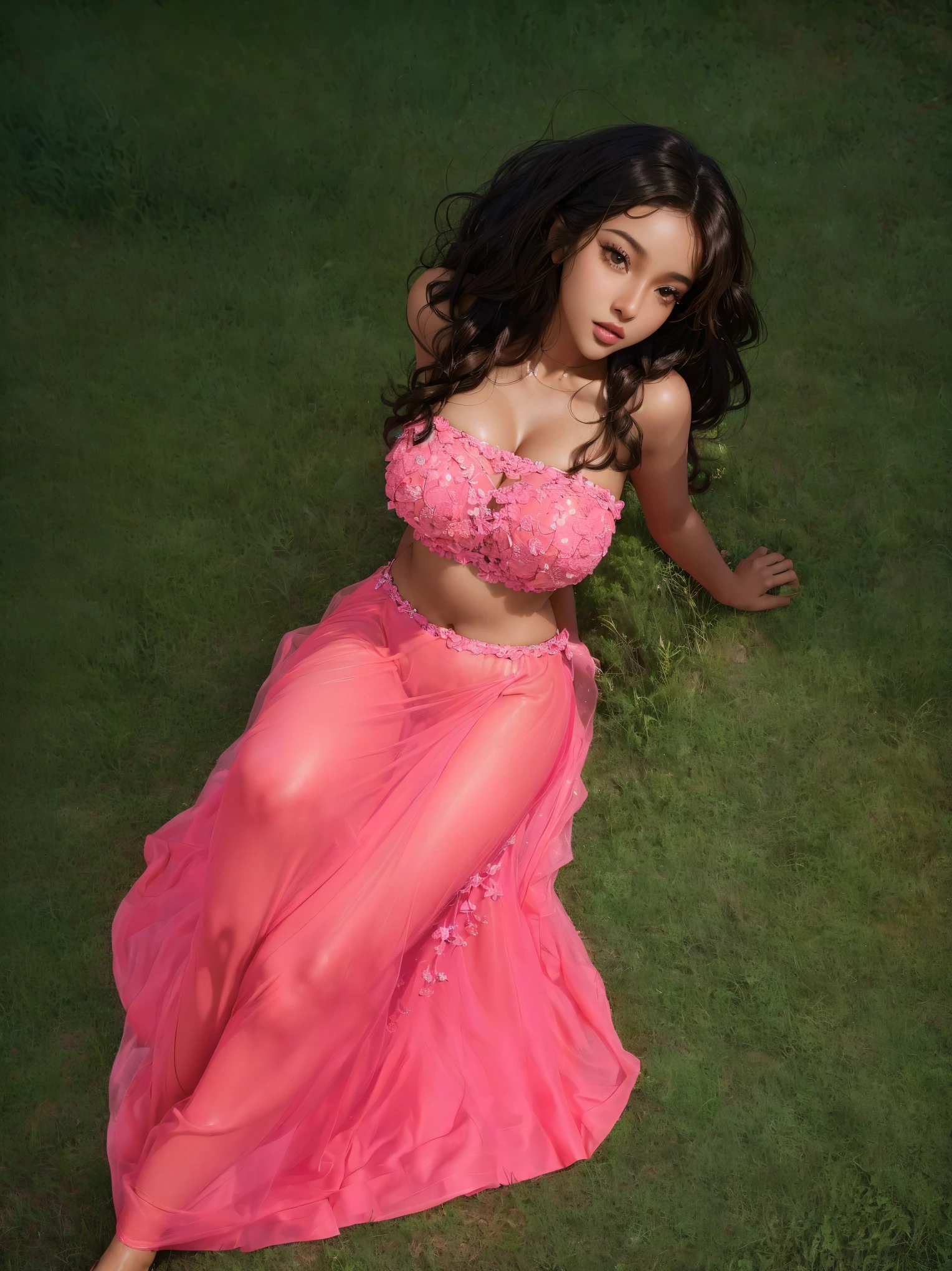 there is a hyper realistic brown skin woman in a pink dress laying on the grass, brown skin, melanin skin, laying down, thick curly anime hair, curly hyper realistic hair, photo from a promo shoot, promo shoot, promo still, gorgeous lady, photoshoot, seductive lady, sza, promo shot, photo shoot, taken in the early 2020s, playful pose, her belly button is exposed, vanessa morgan, dressed in a pink dress, solo photoshoot