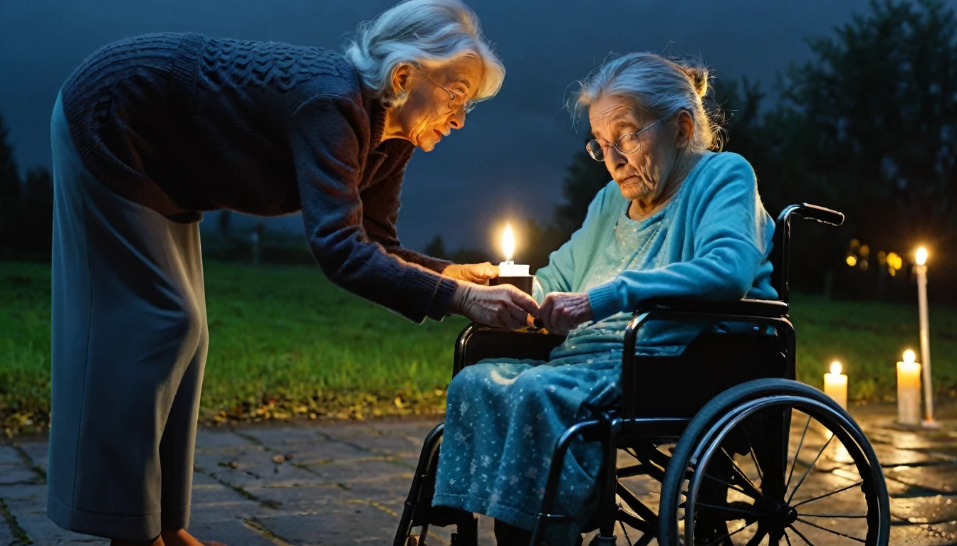 Daughter helping ugly old woman in wheelchair, dark weather, little candlelight