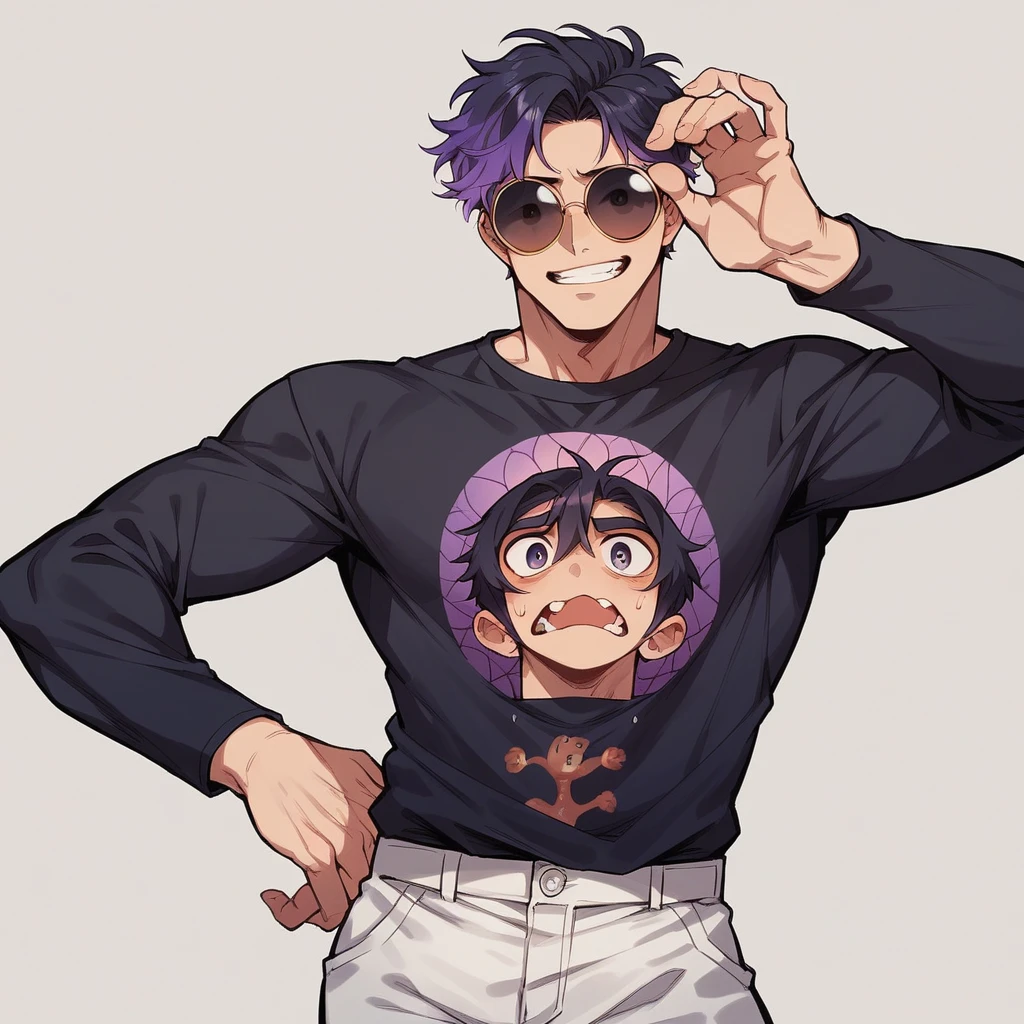 アニメ, best qualityer, white male, Scrawny, purple gradient hair,black shirt with play boy print, round sunglasses,