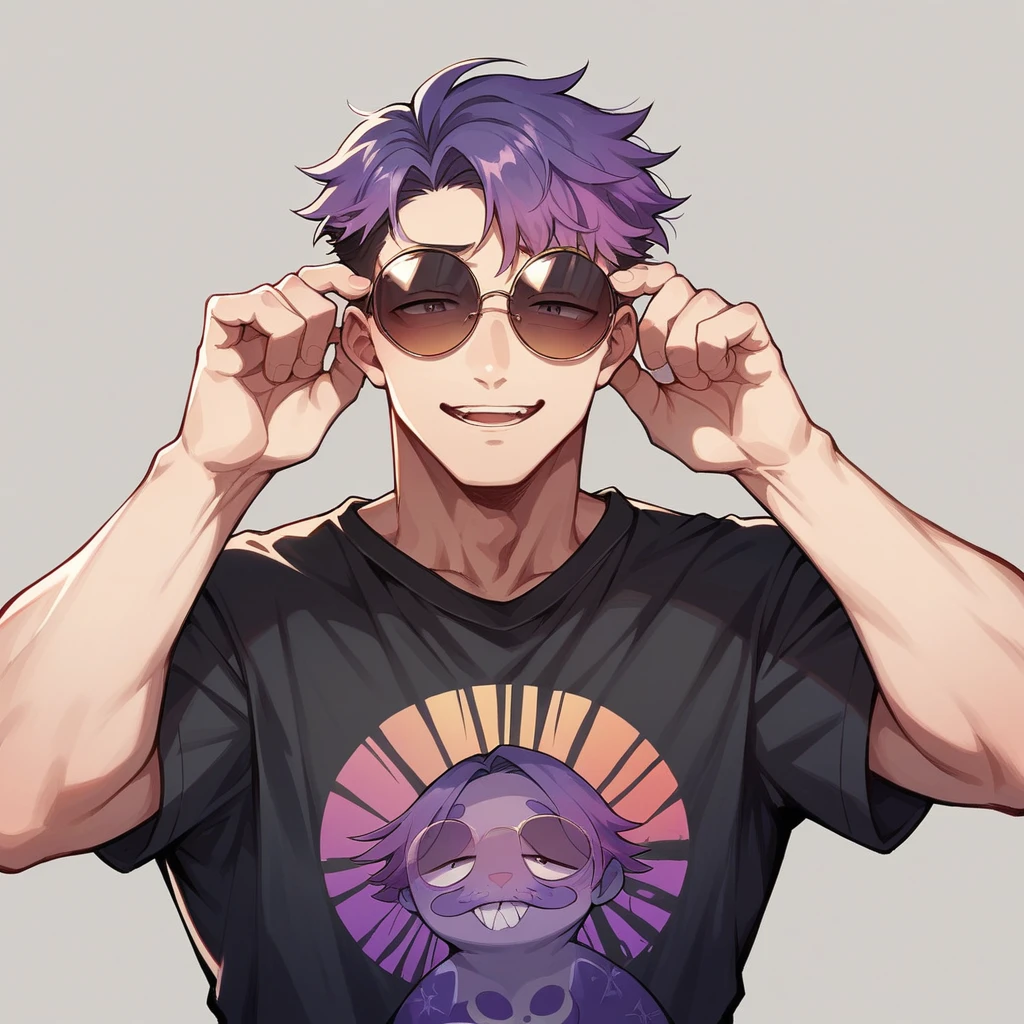 アニメ, best qualityer, white male, Scrawny, purple gradient hair,black shirt with play boy print, round sunglasses,