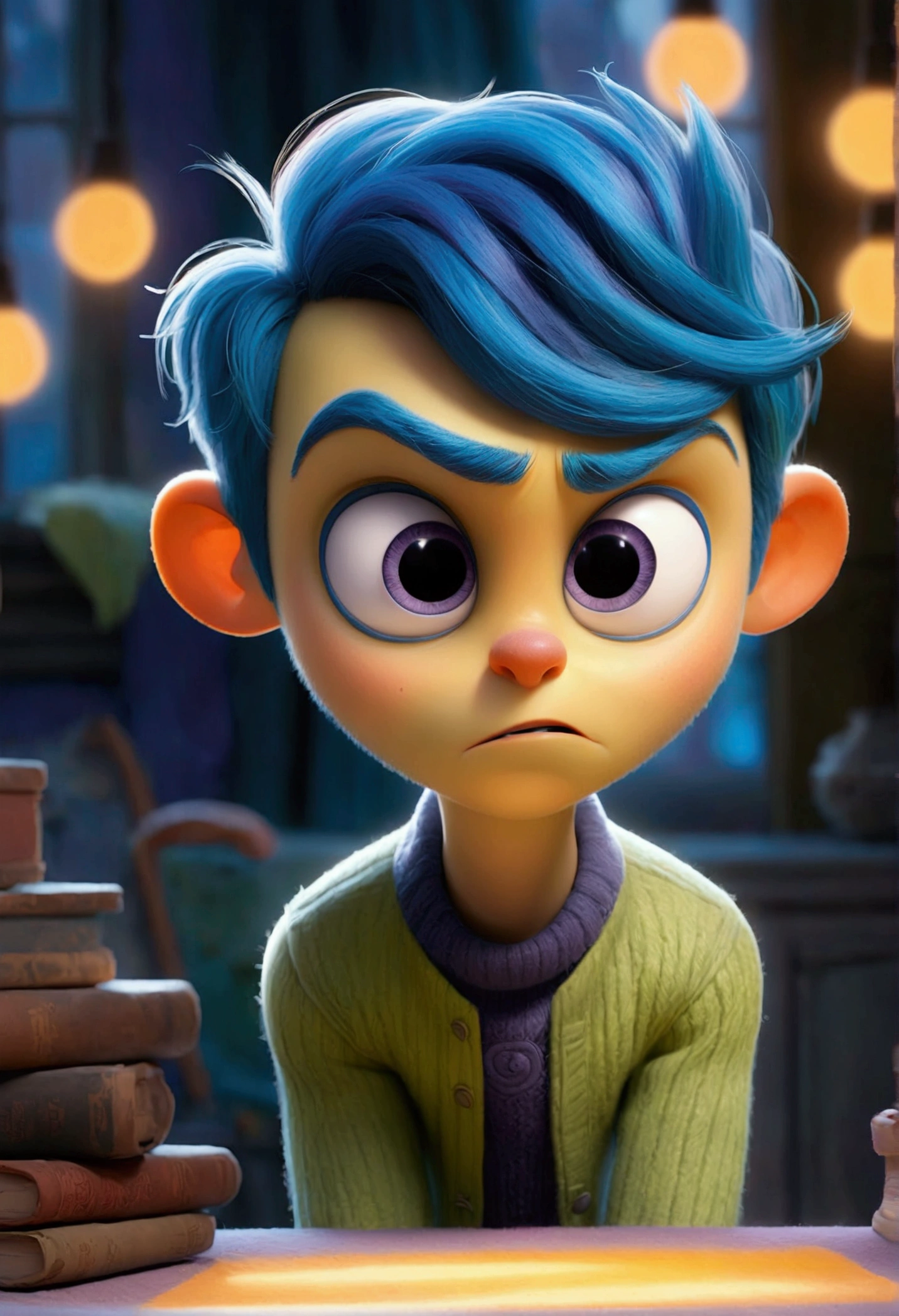 Create an animated male character inspired by Disney's 'Inside Out,' with a more whimsical and imaginative style. He should have vibrant orange skin and playful blue hair, similar to Joy's. The character should have a rounded, dynamic shape with exaggerated features like large, expressive eyes, a normal-sized nose, and a friendly, inspiring smile. He should wear casual clothing and emit a soft light, with whimsical elements like floating stars and sparkles to enhance his creative and playful nature.