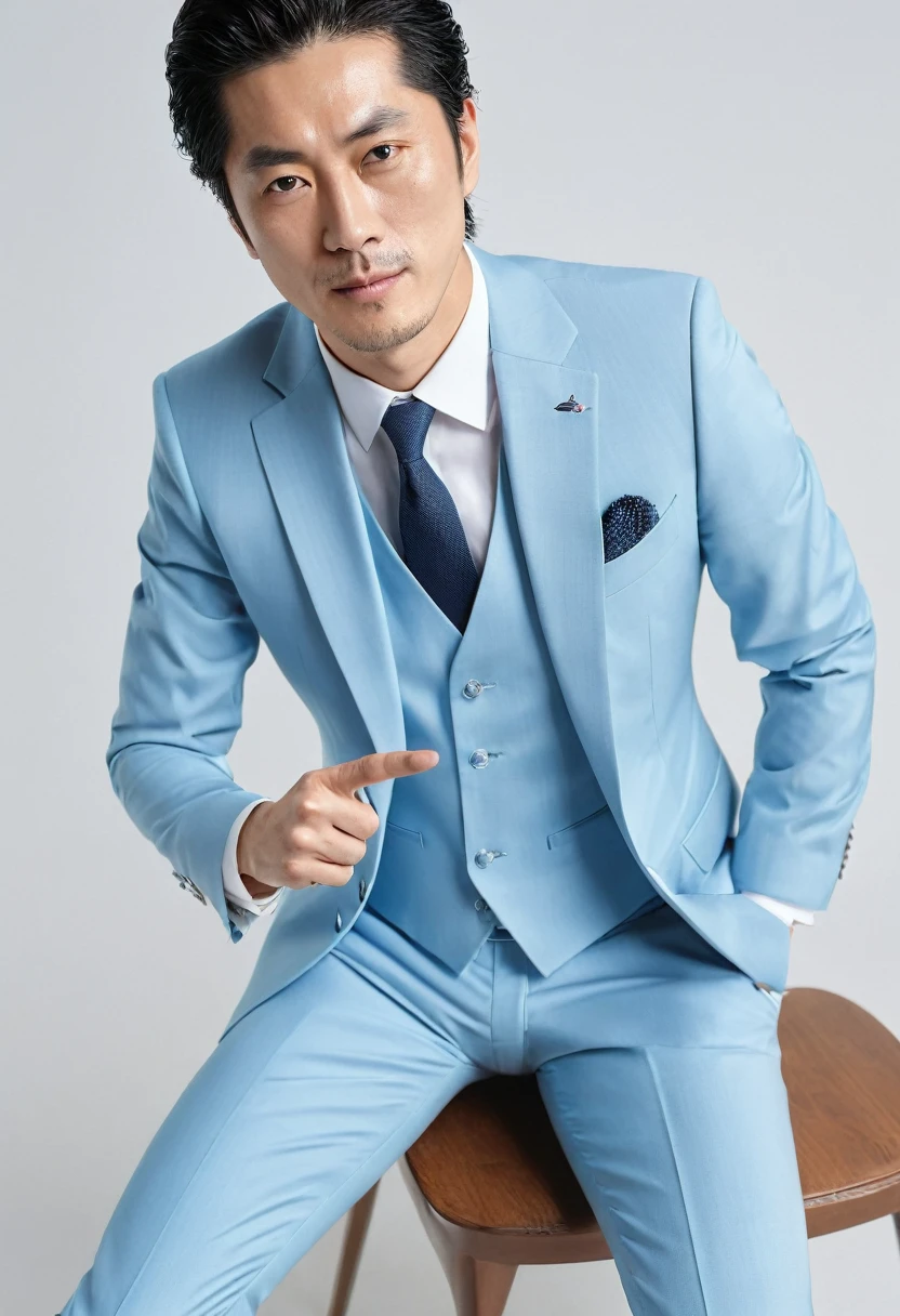 ((Highest quality)), 1 male, Wearing a light blue suit, Half of the body seen from above, He is pointing his finger、Japanese、