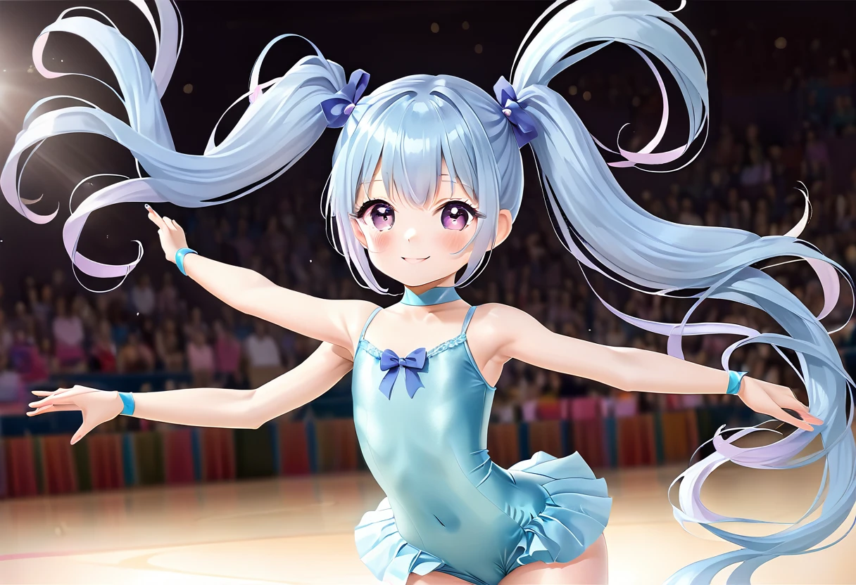 Beautiful girl with long light blue hair, twin tails, rhythmic gymnastics ribbon, cute leotard, bright smile
