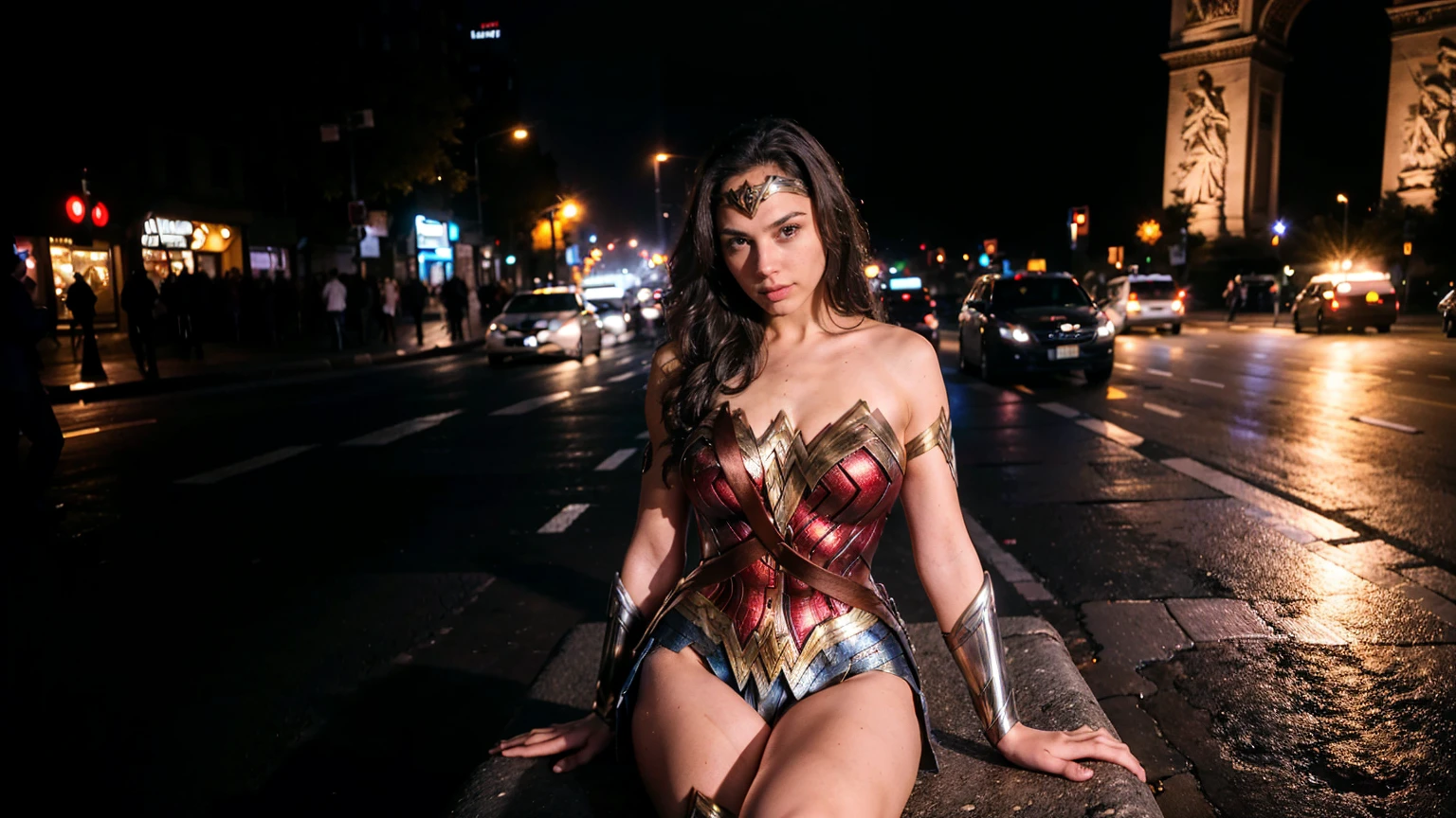 ((masterpiece), (solo character), (photorealistic:1.4), ),(best quality), (epiCRealLife), (g4lg), (g4lg large breasts, wonder woman top), (g4lg show cleavages), (Gal Godot in wonder woman costume),,(flashphoto), (flash photography) (look at viewers), (in Paris), (Arc de Triomphe), (landscape photoshoot), (sitting pose for landscape photos), (night time),