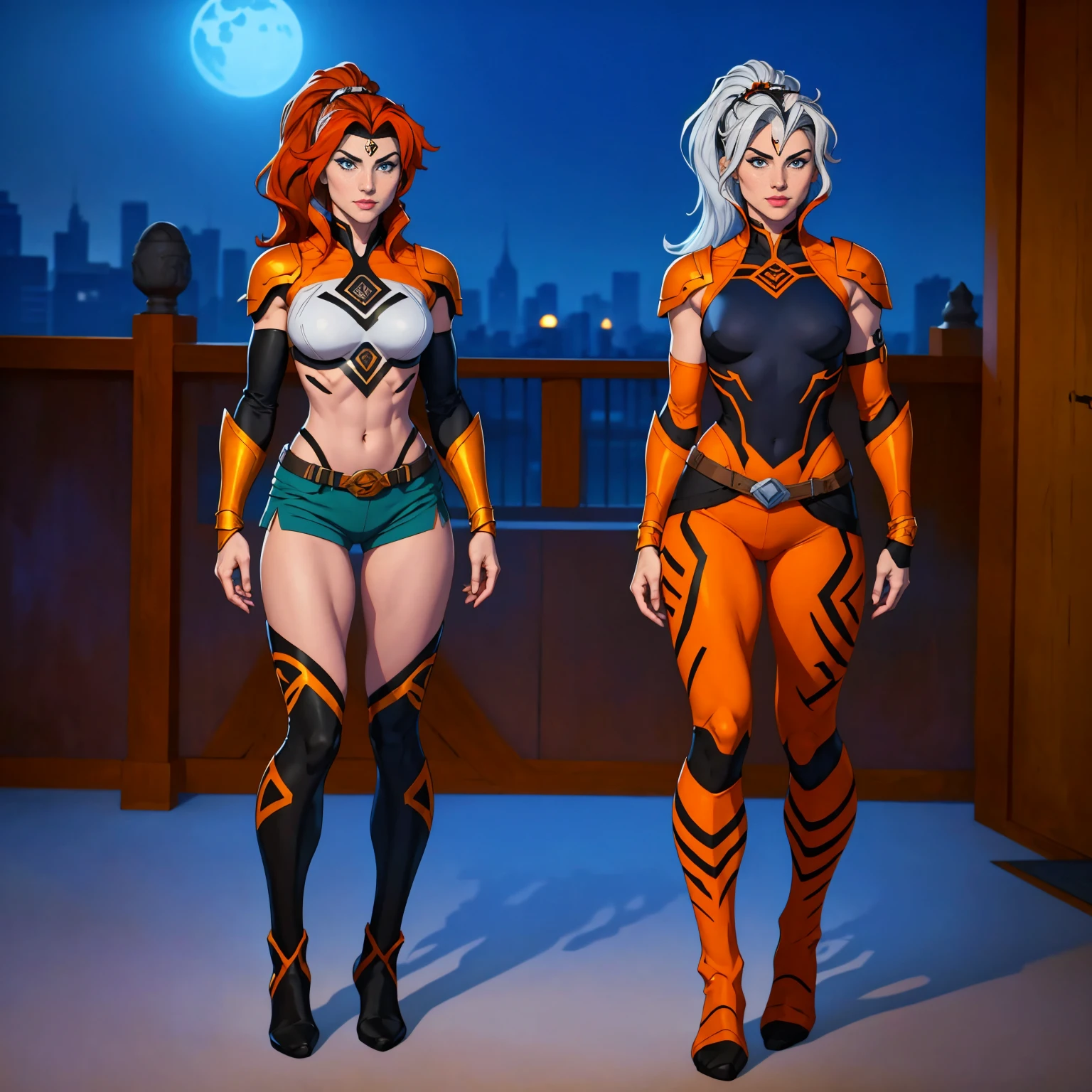 ((Full body photo, standing, feet on the floor)) (best quality,4k,8k,highres,masterpiece:1.2),ultra-detailed,(realistic,photorealistic,photo-realistic:1.37),full body shot,Rogue,X-Men,yellow thigh high boots,beauty pose, standing tall, show feet, outside, city rooftop at night, green headband, with Ponytail, Light Blue Eyes, Round Glasses with a Slightly Dark Lens with this Lens being Orange, and the Light Blue Color frame, ((Black Metallic Gauntlets and Greaves with Orange and Silver Highlights)), (((The Clothes Have a Mix of Modern and Tribal))), (((The Clothes Have a Mix of Modern and Tribal))), having mostly the color black, but having parts in orange, shoulders exposed, at the hip a shorts that extend to half of the thigh of black color.