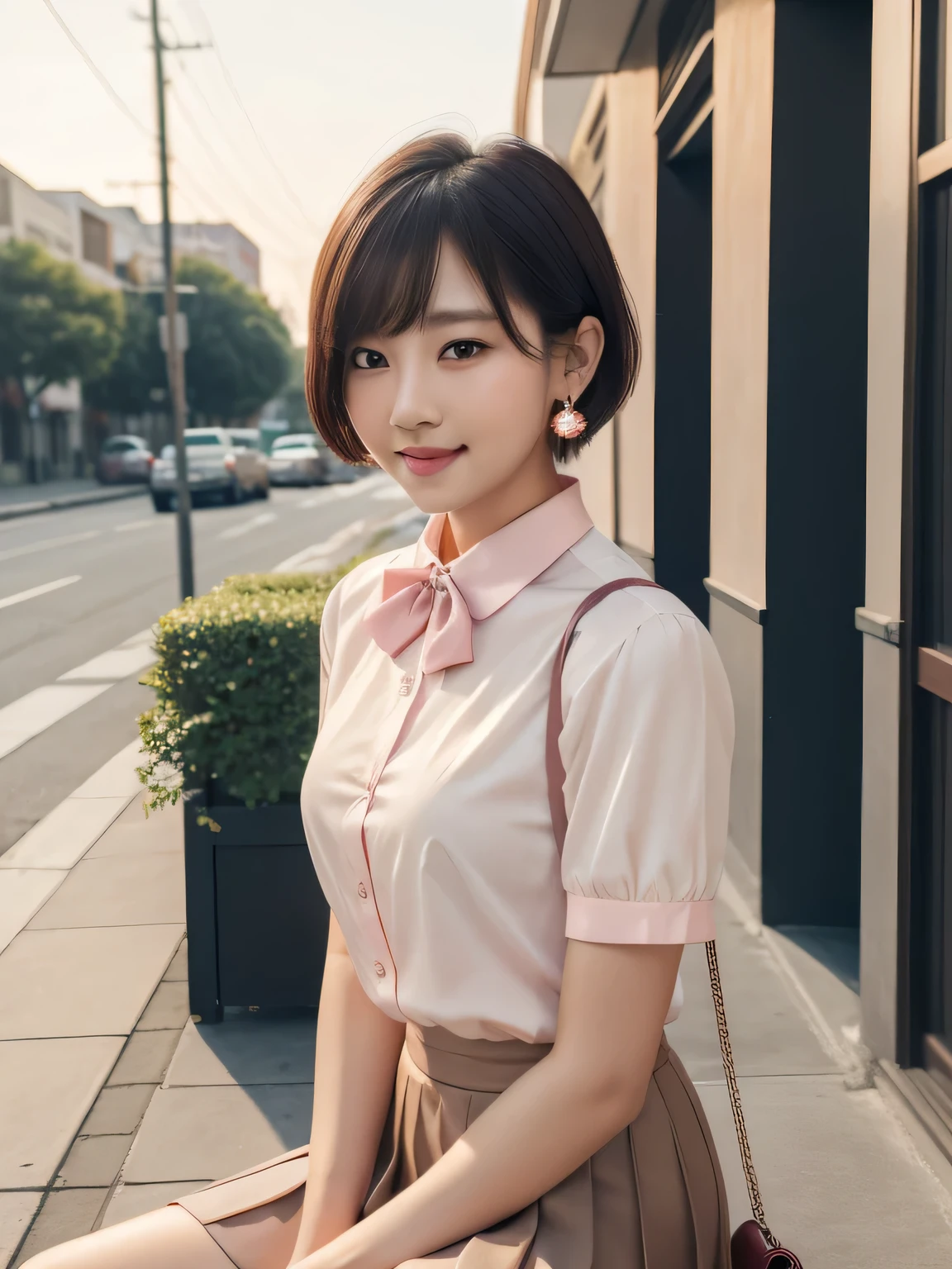 A woman with a purse is on the street, Short Bob Cut、Earrings、Ulzzang, (8k, RAW Photos, Highest quality, masterpiece: 1.2), (Realistic, photo-Realistic: 1.37), Very detailed, 1 girl, cute, alone, Beautifully detailed skies, Detailed Coffee, Pink wall、Sitting, Date, (My nose turned red), (smile: 1.1), (Mouth closed), Medium chest, Beautiful attention to detail, (Collared short-sleeved shirt: 1.1), sexy、bow tie, Pleated skirt,((Symmetrical eyes))、sexy、