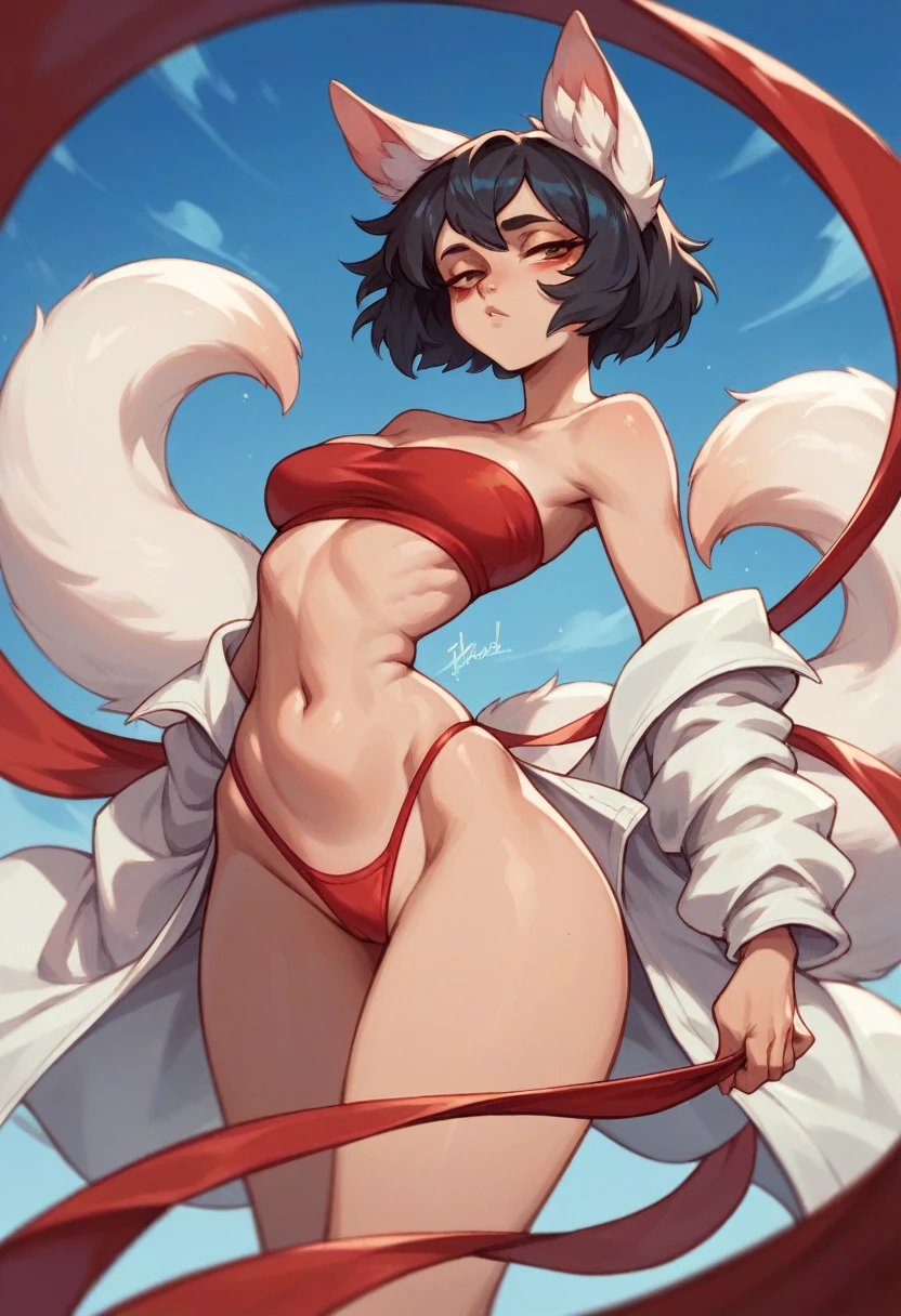 white tube top, Red sheer panties, black hair in double tail, Red loop, narrowed eyes, red students, resort area, plein-air, blue sky She has a highlighted athlete's ass