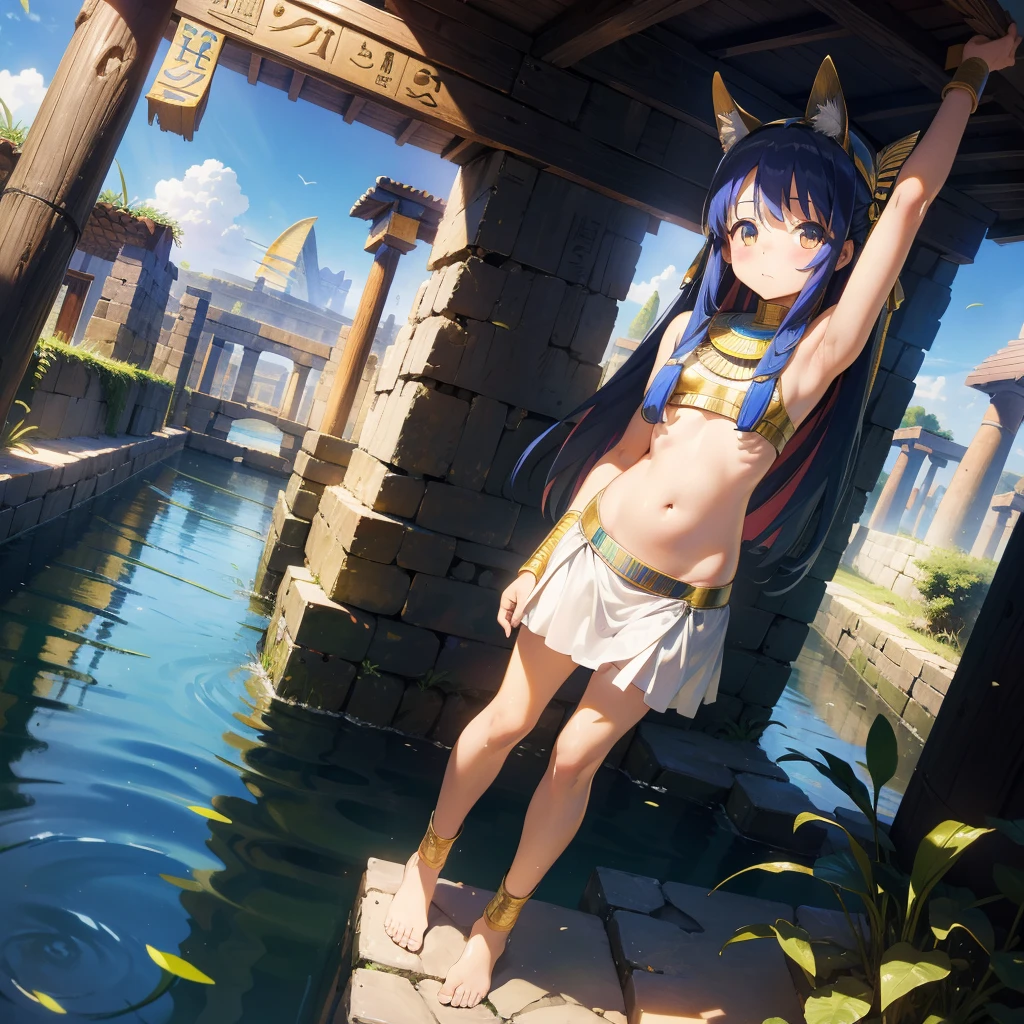 かわいいAncient Egyptの15歳の女の子、Ancient Egypt、View of the Nile、A colorful view of the whole、whole body、Low - Angle、Standing posture、Reeds are growing、Ancient Egyptの船、Ancient Egyptの風景