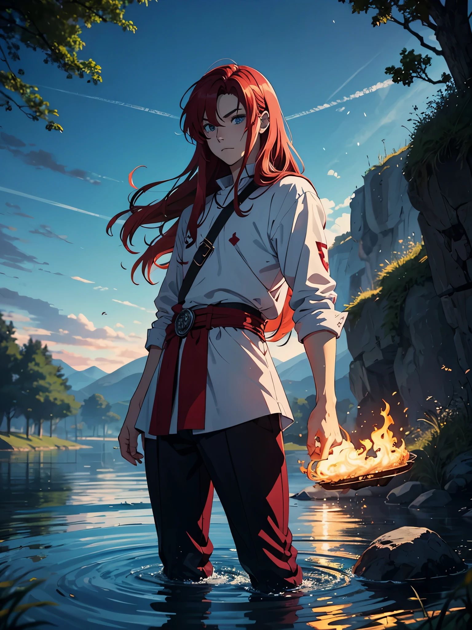 Anime stil. Flach. 2D. Glow. Anime. Mehr Anime. Vikinger kleidung. soft. More anime. Standing in a lake. More anime. More 2D. Clean. More anime. 2d. Glow. Red hair. More anime. male. Long hair. long red hair. boy, vikings. red hair. Blue eyes. fire.
