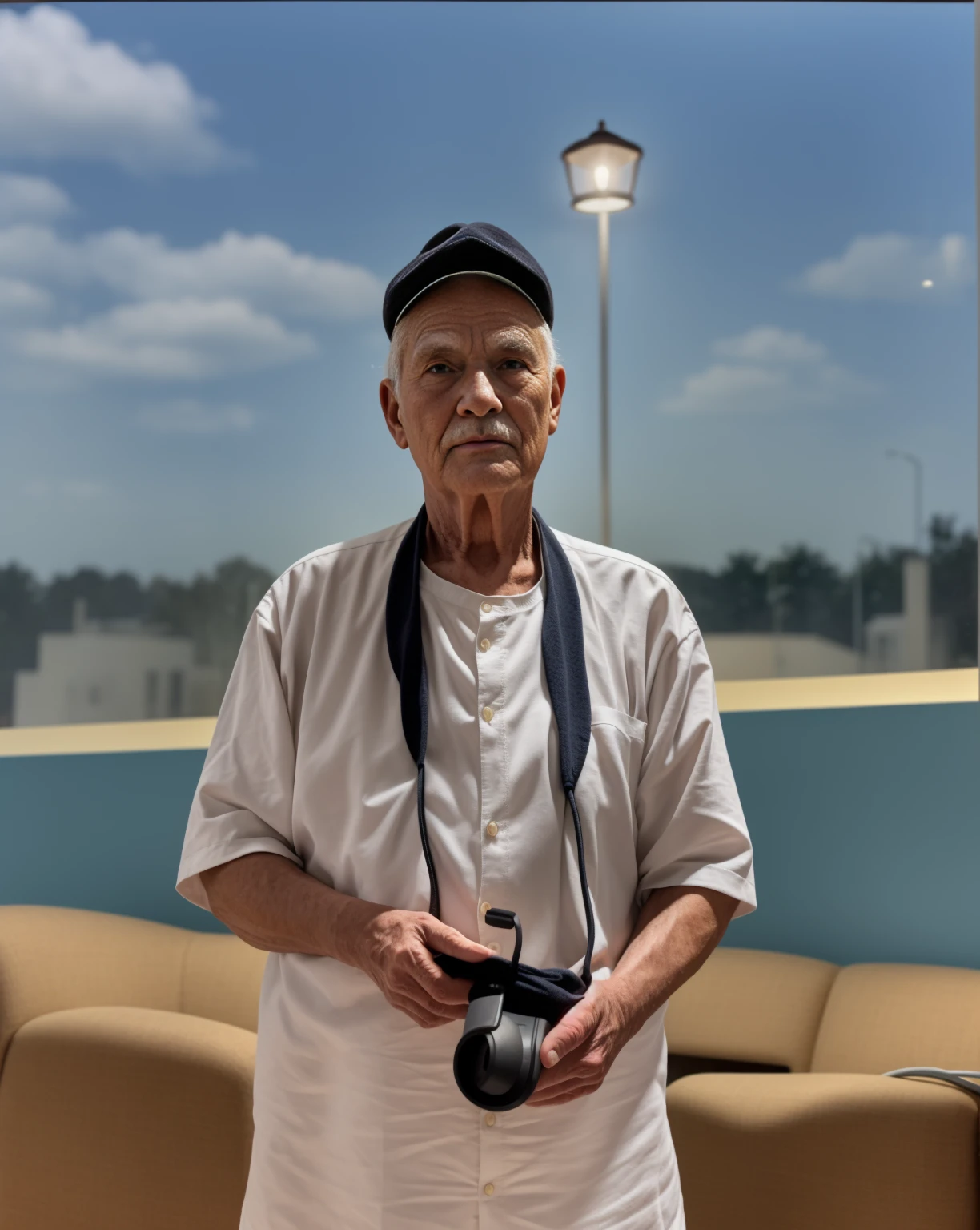 A wise old man standing in front, illuminated by the light of a lamp, against the backdrop of a library