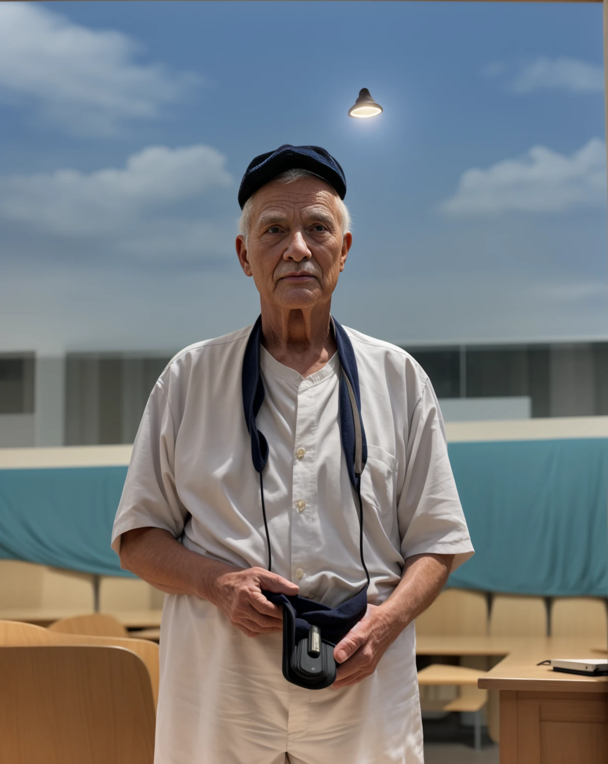 A wise old man standing in front, illuminated by the light of a lamp, against the backdrop of a library
